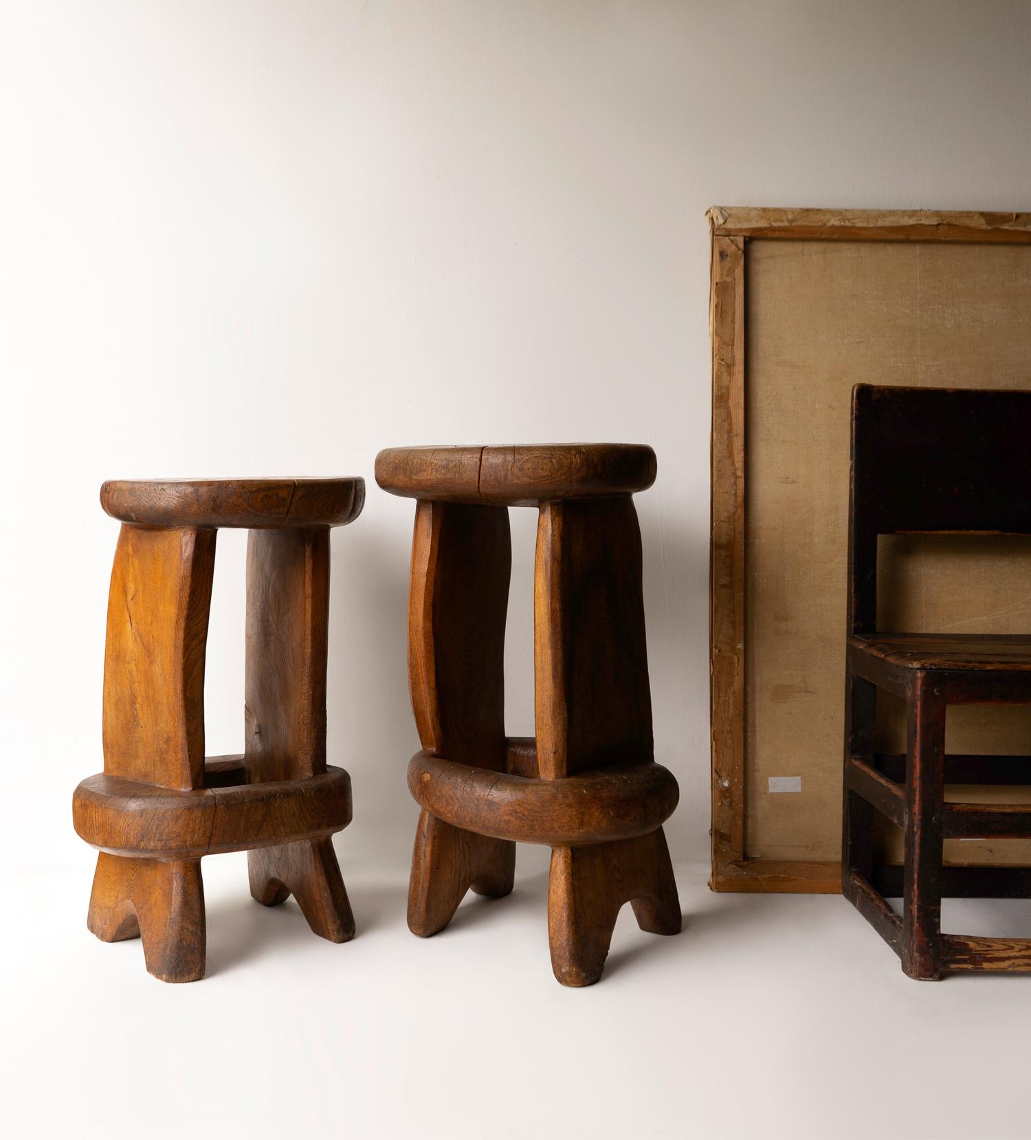 Pair Of Vintage Sculptural Carved Solid Elm Stools By Maxie Lane 8