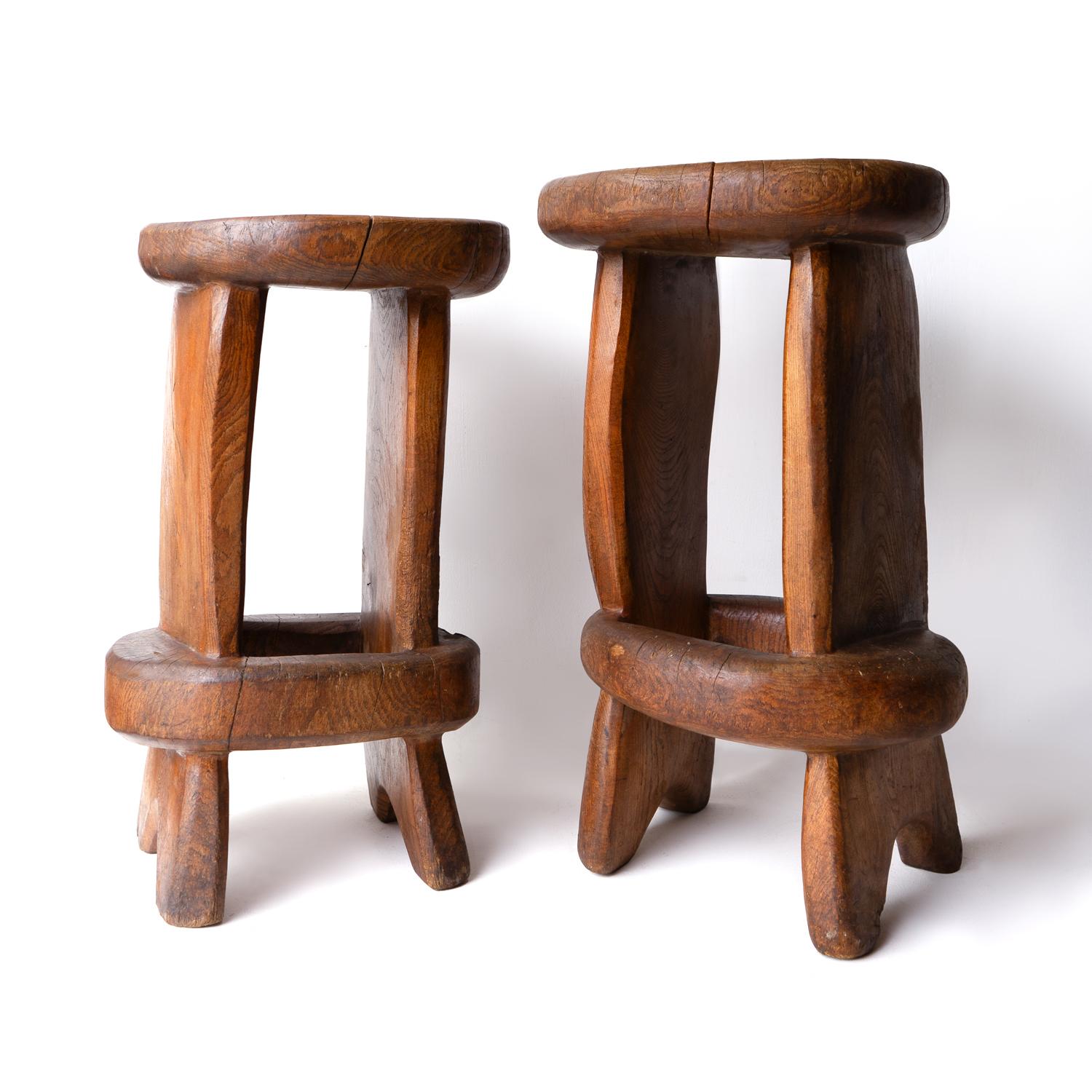 Pair Of Vintage Sculptural Carved Solid Elm Stools By Maxie Lane 9
