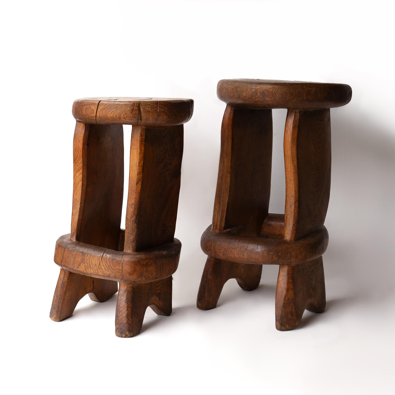 Rustic Pair Of Vintage Sculptural Carved Solid Elm Stools By Maxie Lane