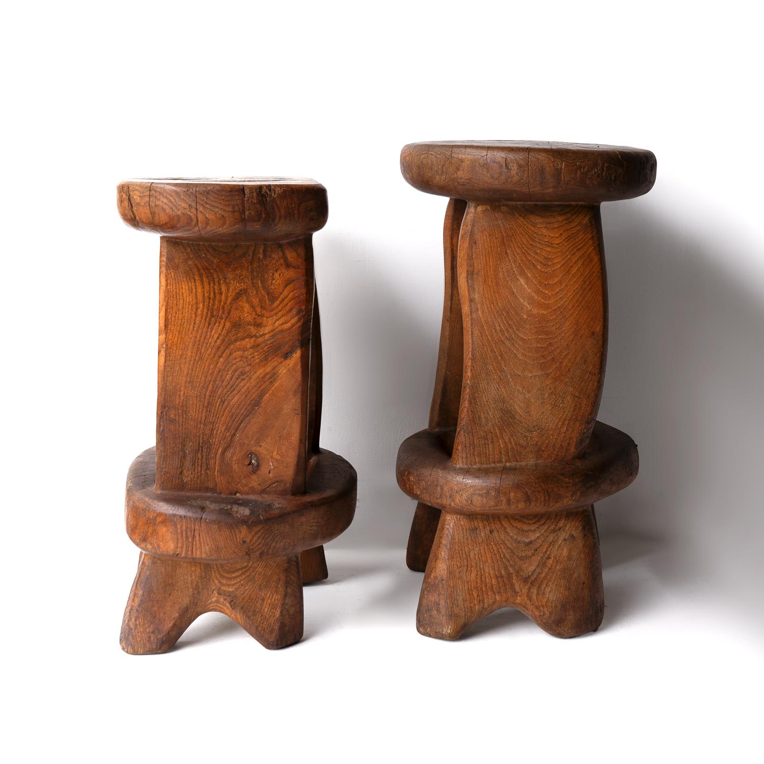 British Pair Of Vintage Sculptural Carved Solid Elm Stools By Maxie Lane