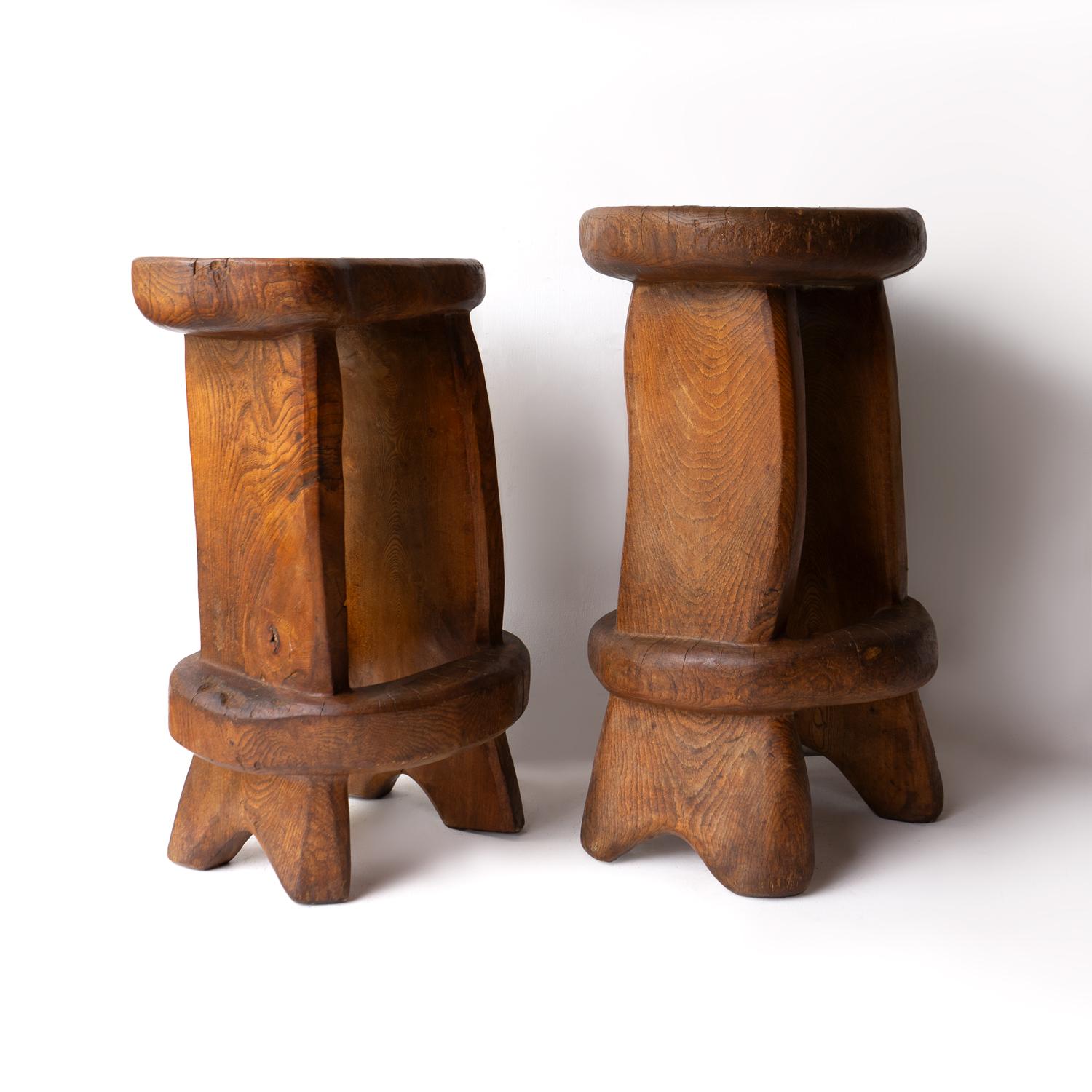 Pair Of Vintage Sculptural Carved Solid Elm Stools By Maxie Lane In Good Condition In Bristol, GB