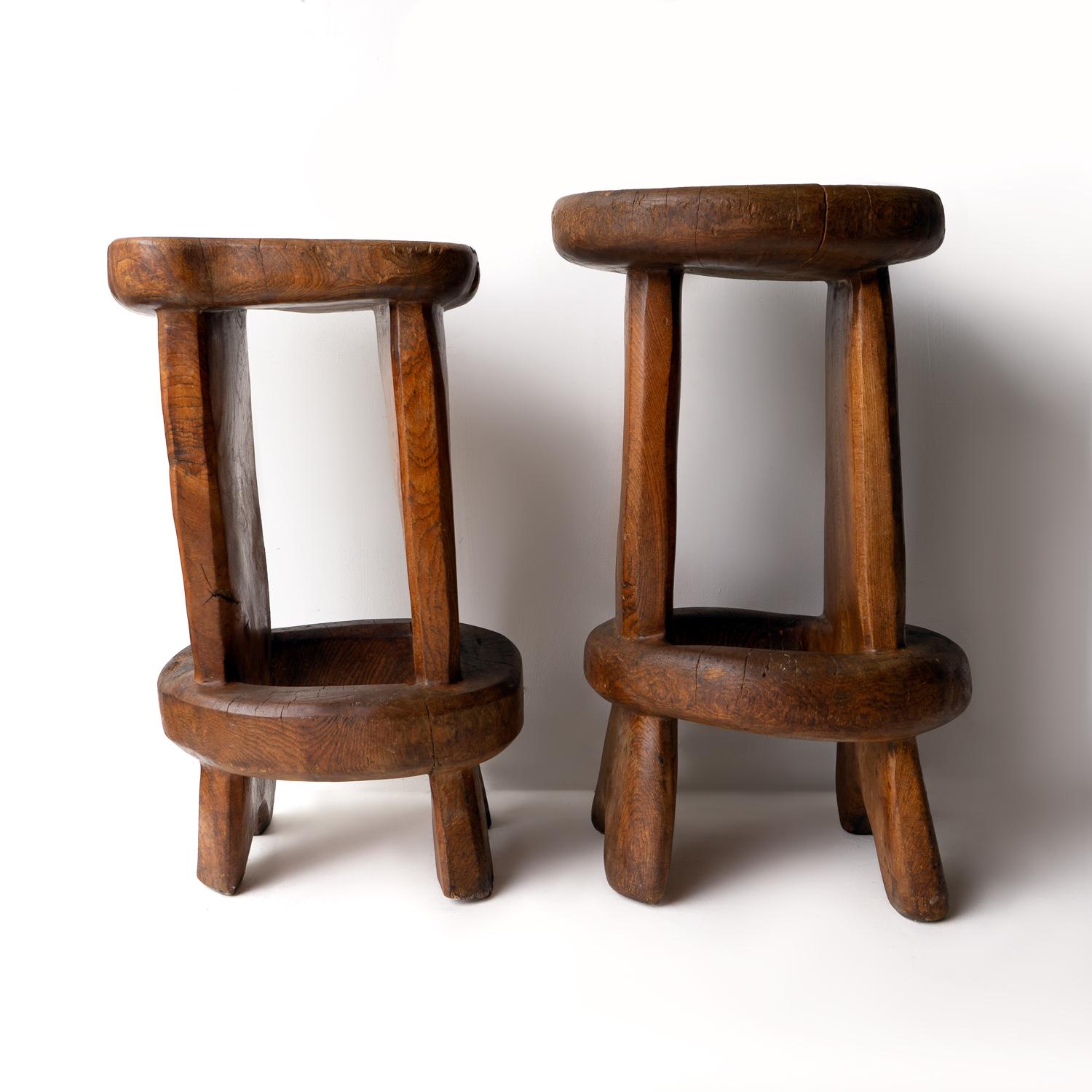 20th Century Pair Of Vintage Sculptural Carved Solid Elm Stools By Maxie Lane