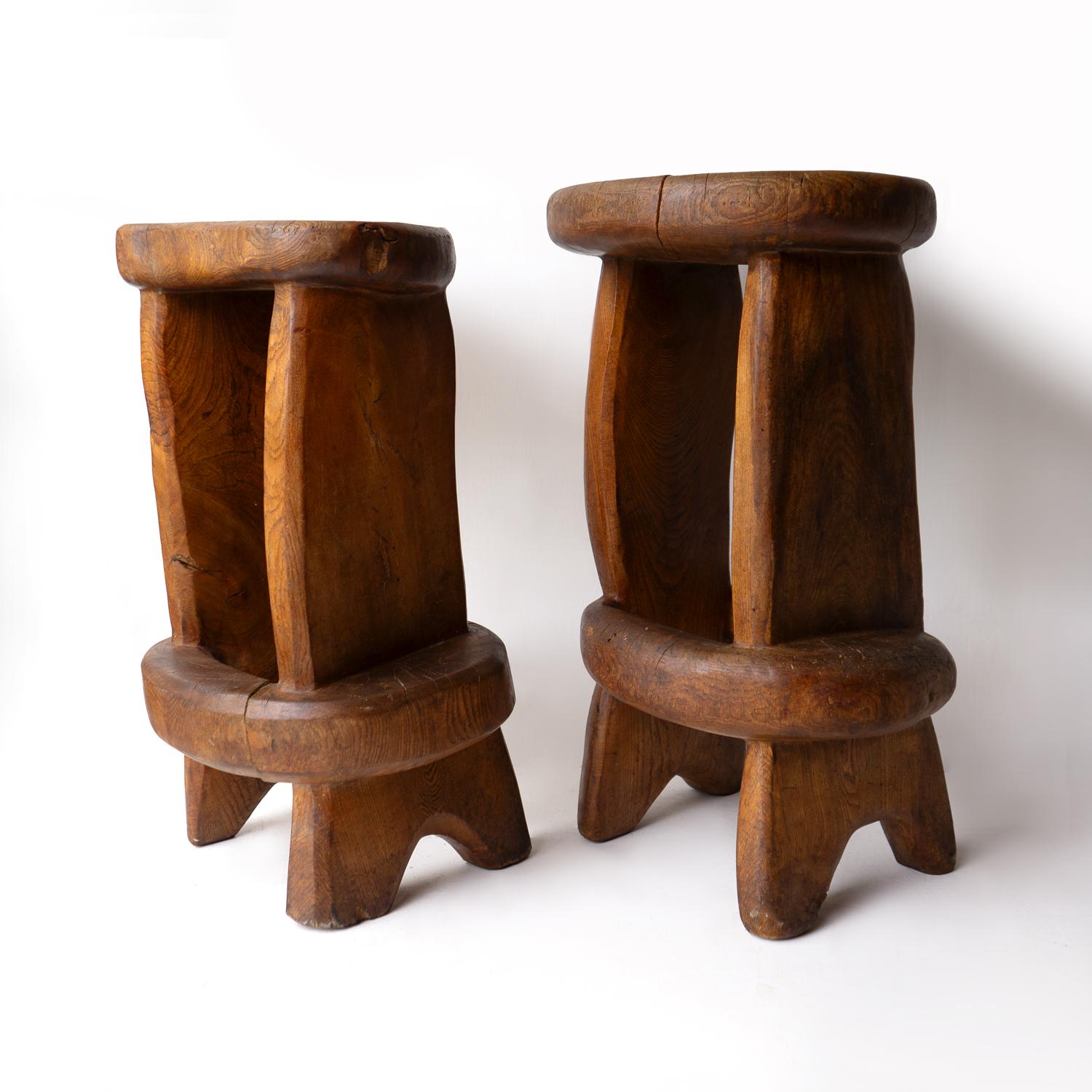 Pair Of Vintage Sculptural Carved Solid Elm Stools By Maxie Lane 1