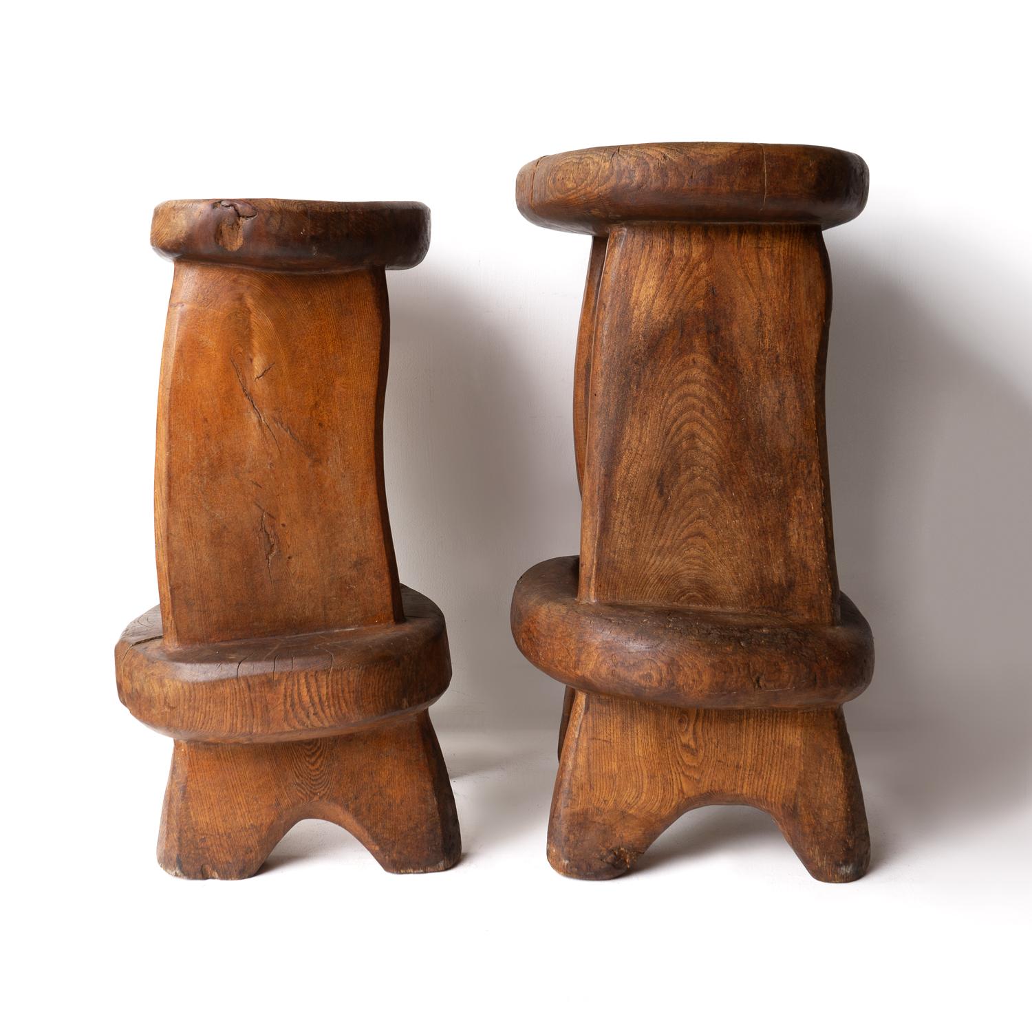 Pair Of Vintage Sculptural Carved Solid Elm Stools By Maxie Lane 2