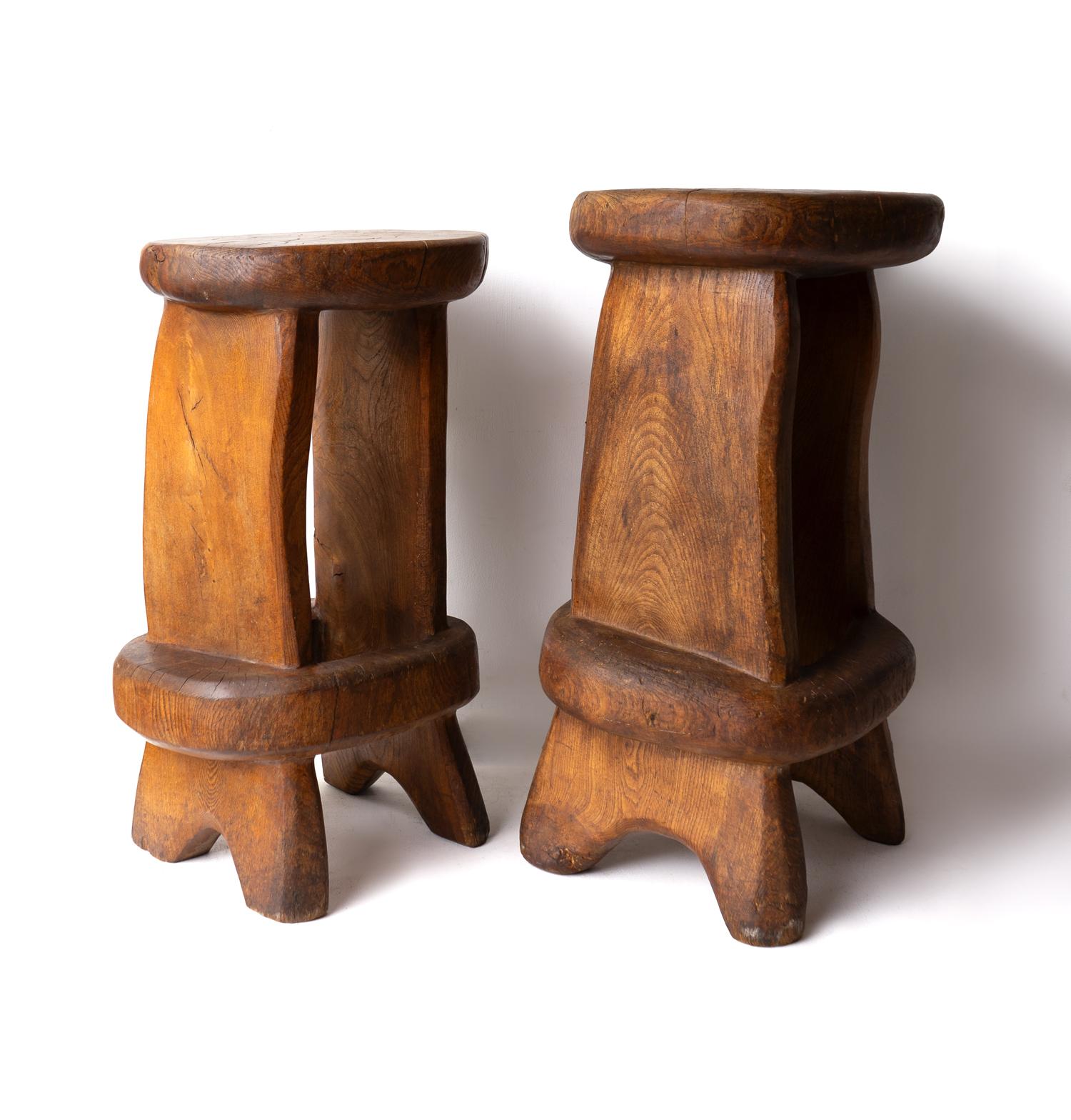 Pair Of Vintage Sculptural Carved Solid Elm Stools By Maxie Lane 3