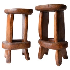 Pair Of Vintage Sculptural Carved Solid Elm Stools By Maxie Lane