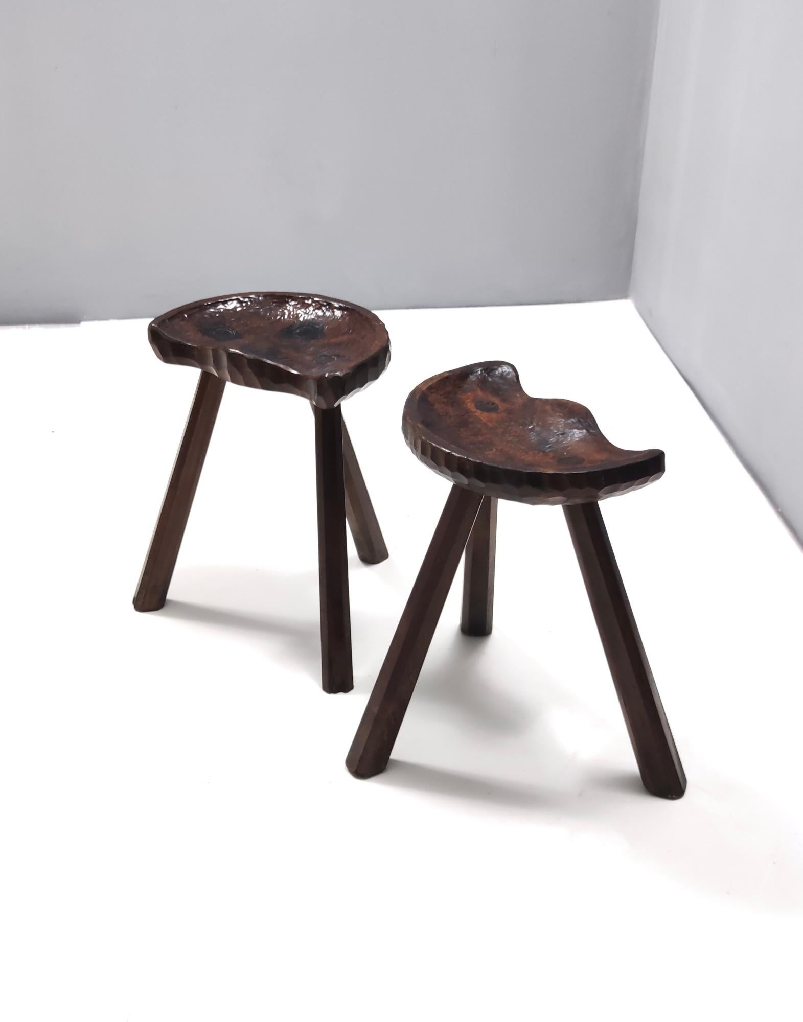 Mid-Century Modern Pair of Vintage Sculptural Solid Walnut Low Stools, Italy
