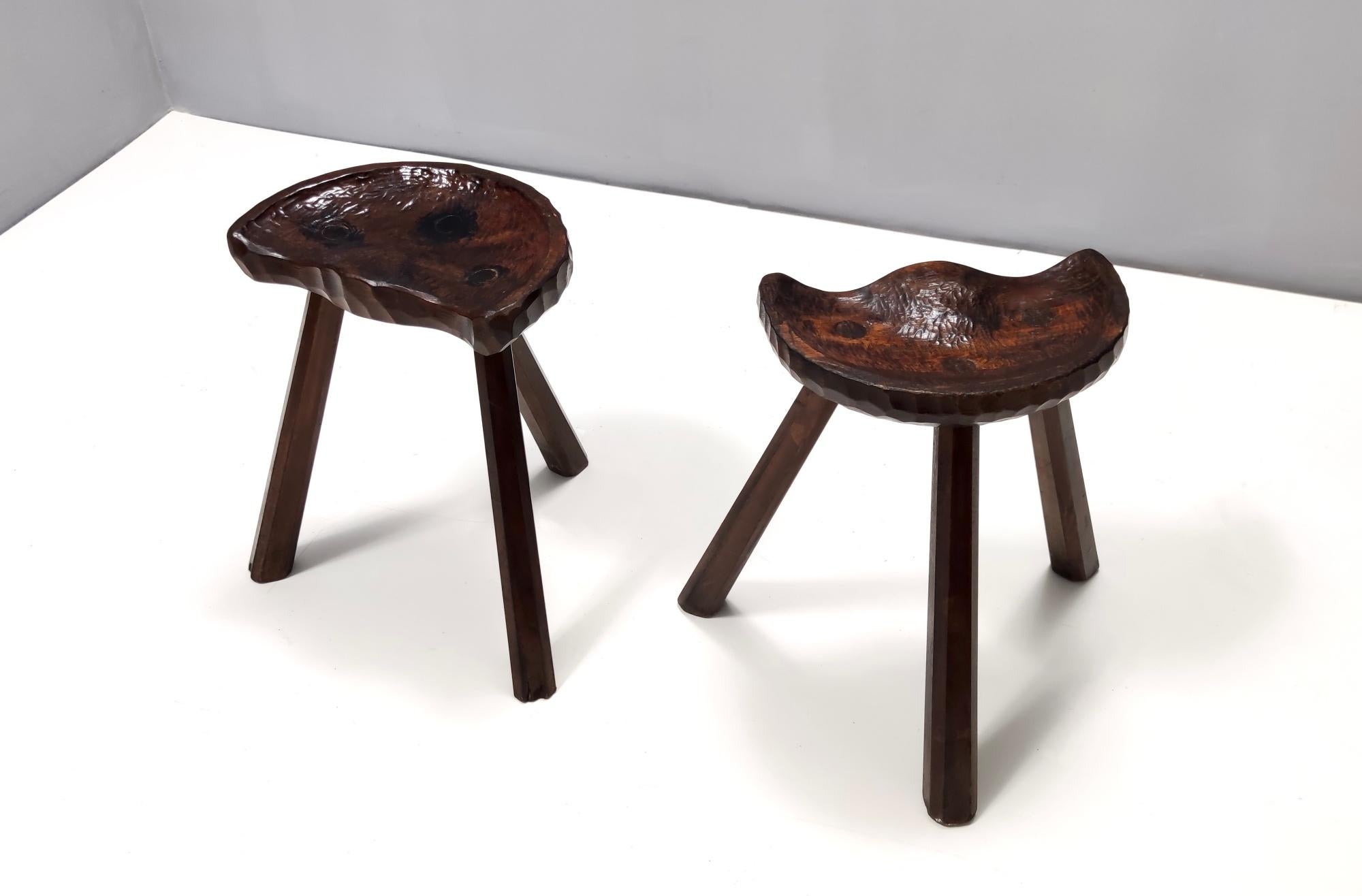 Mid-20th Century Pair of Vintage Sculptural Solid Walnut Low Stools, Italy