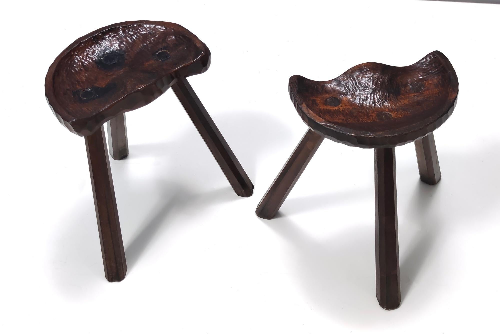 Pair of Vintage Sculptural Solid Walnut Low Stools, Italy 1