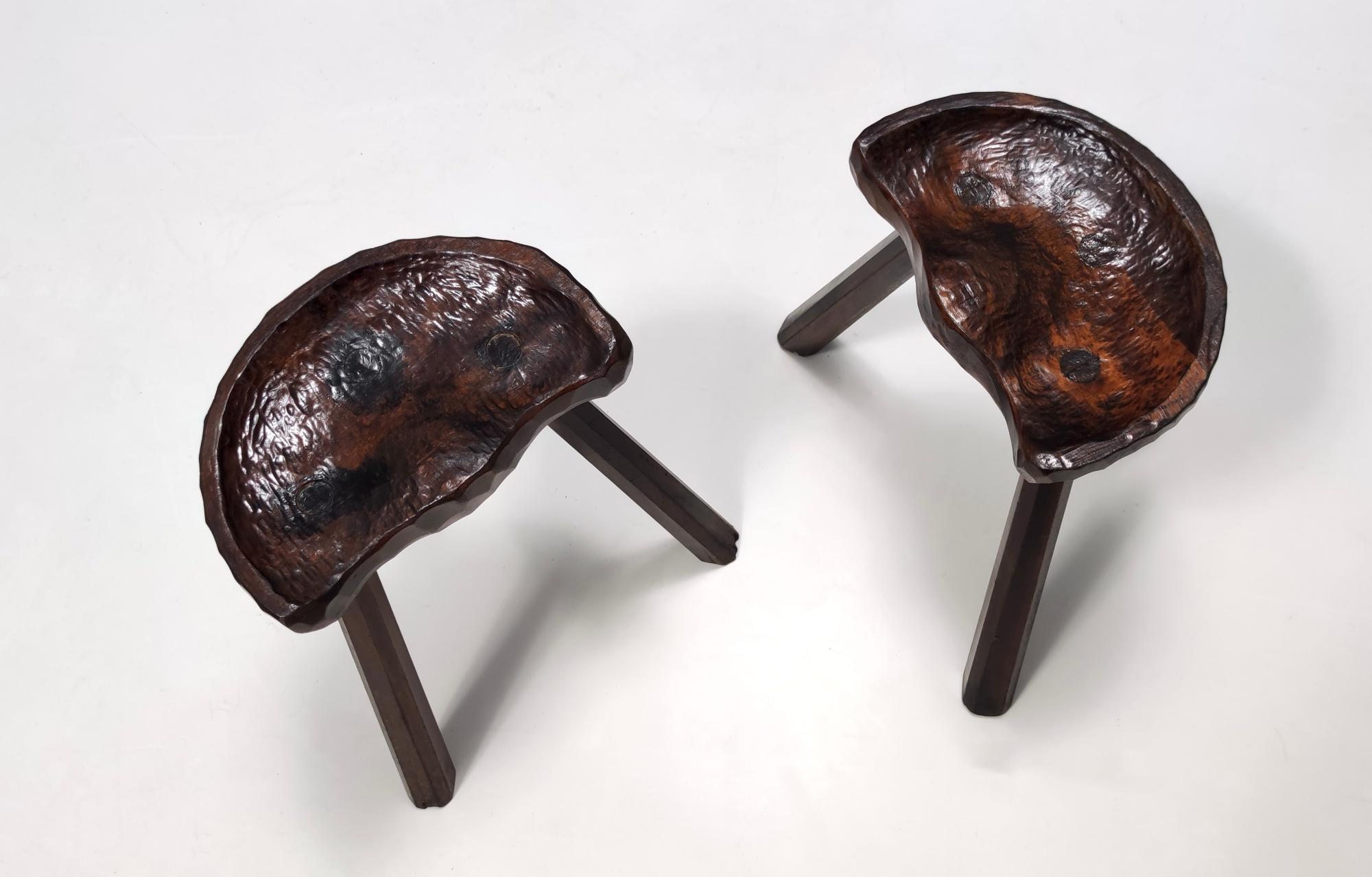 Pair of Vintage Sculptural Solid Walnut Low Stools, Italy 3