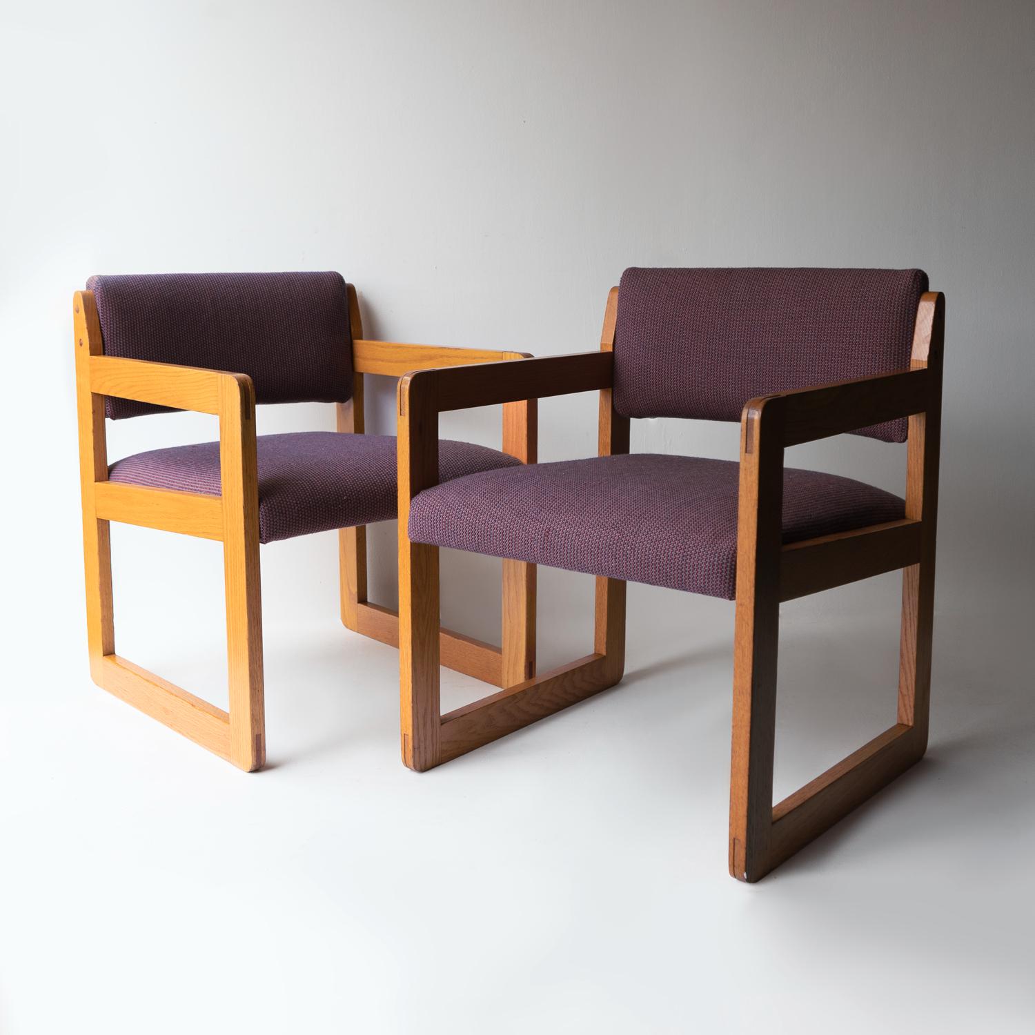 Pair of Vintage Sculptural Upholstered Oak Cube Armchairs, C. 1970’S For Sale 7