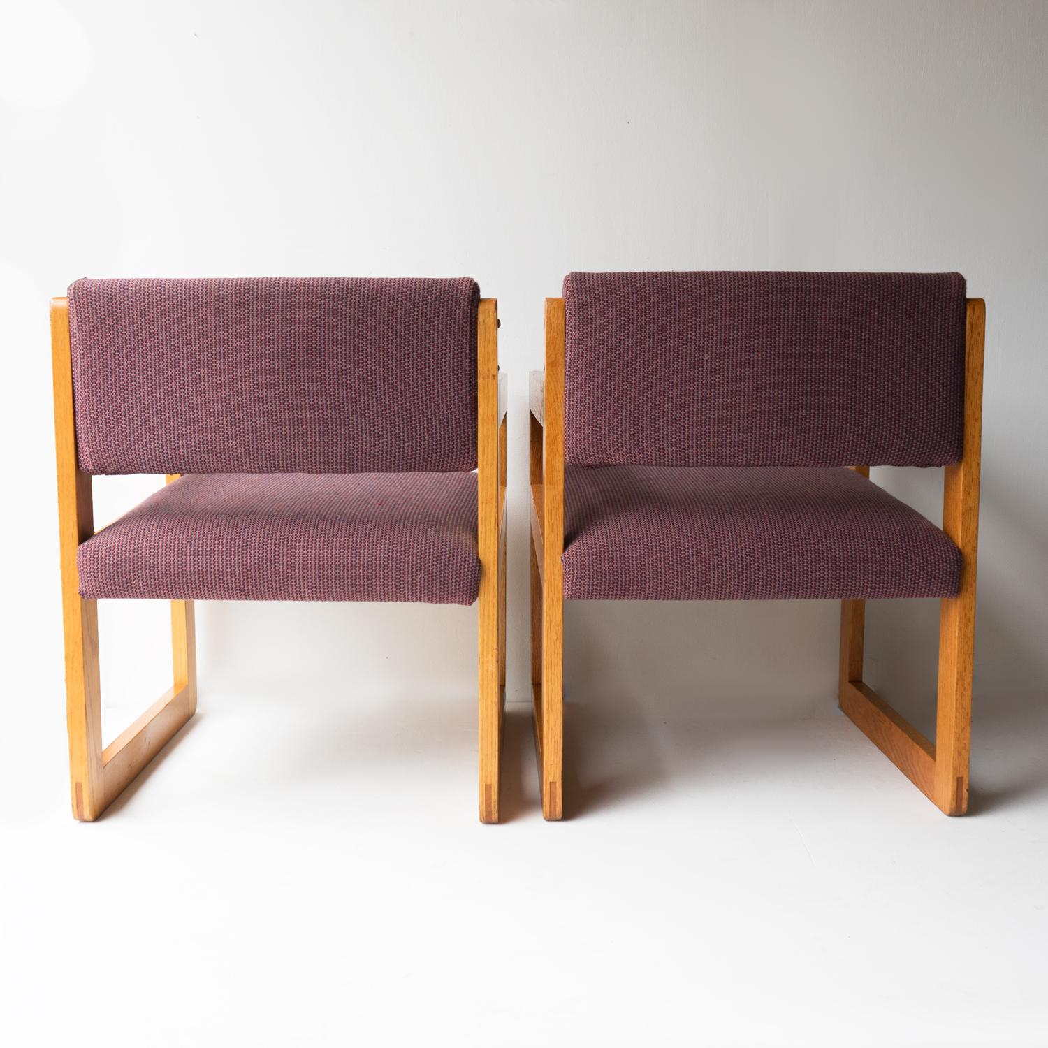 Pair of Vintage Sculptural Upholstered Oak Cube Armchairs, C. 1970’S For Sale 8