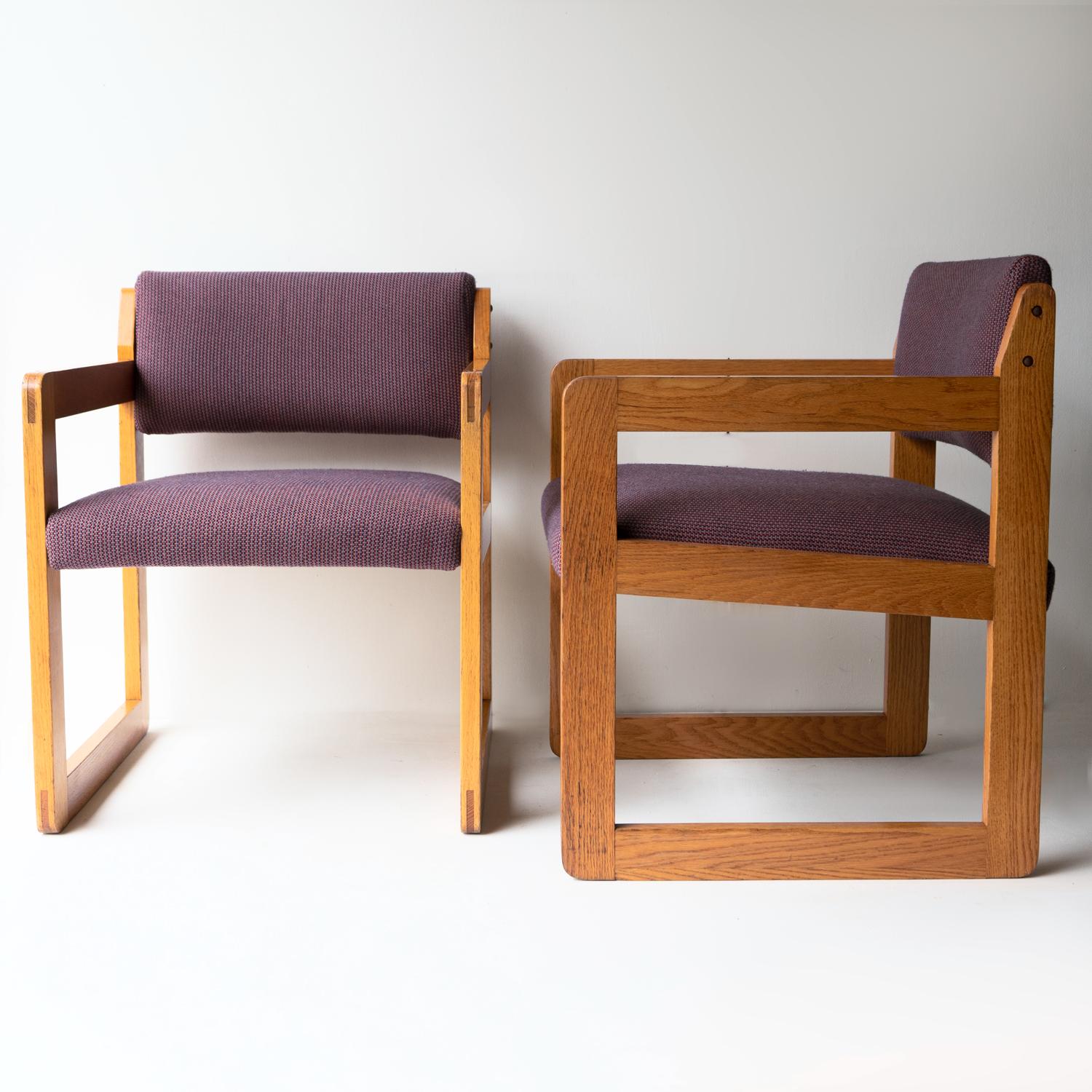 Pair of Vintage Sculptural Upholstered Oak Cube Armchairs, C. 1970’S In Good Condition For Sale In Bristol, GB
