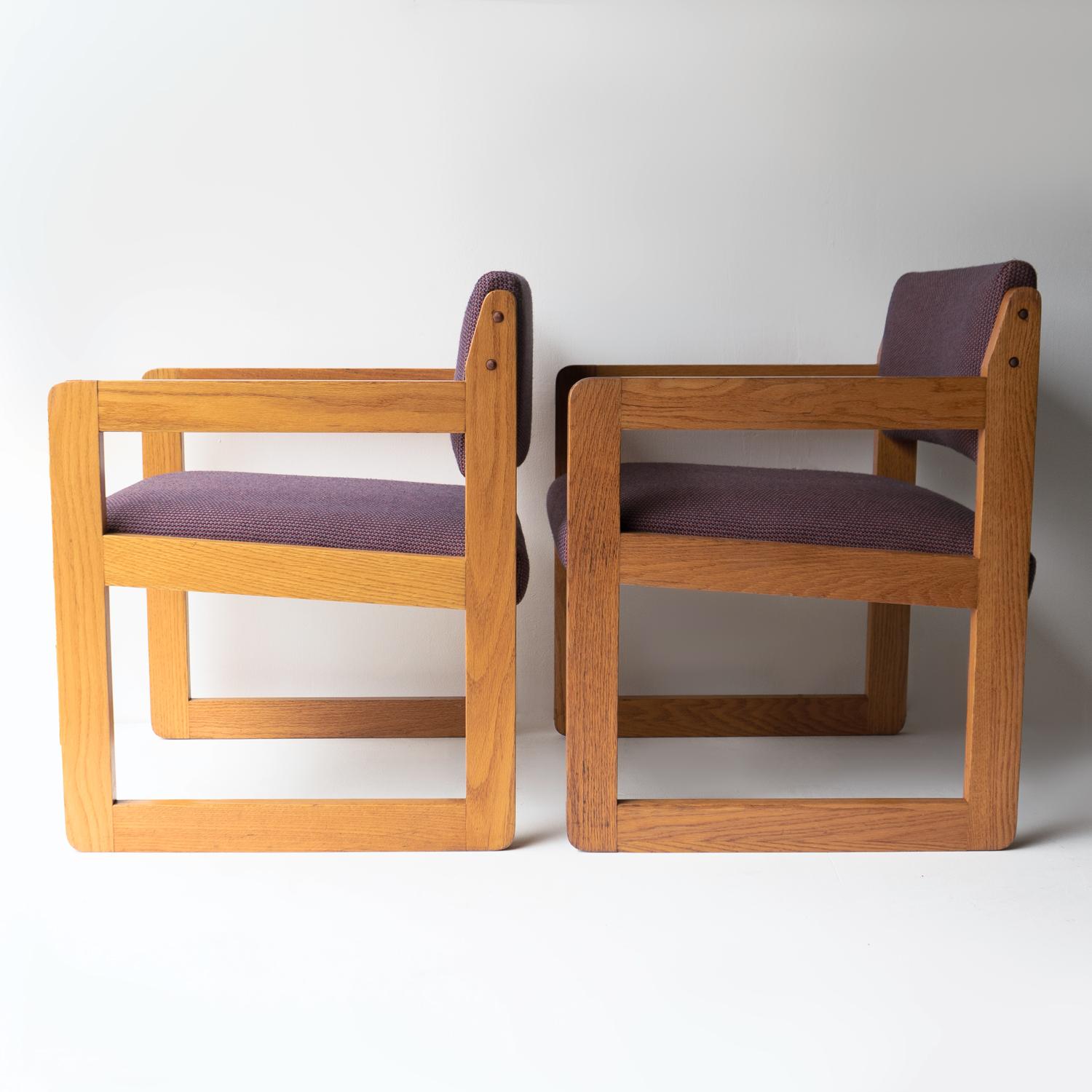 Textile Pair of Vintage Sculptural Upholstered Oak Cube Armchairs, C. 1970’S For Sale