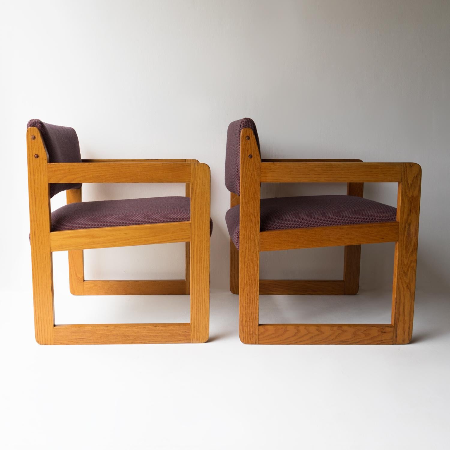 Pair of Vintage Sculptural Upholstered Oak Cube Armchairs, C. 1970’S For Sale 1