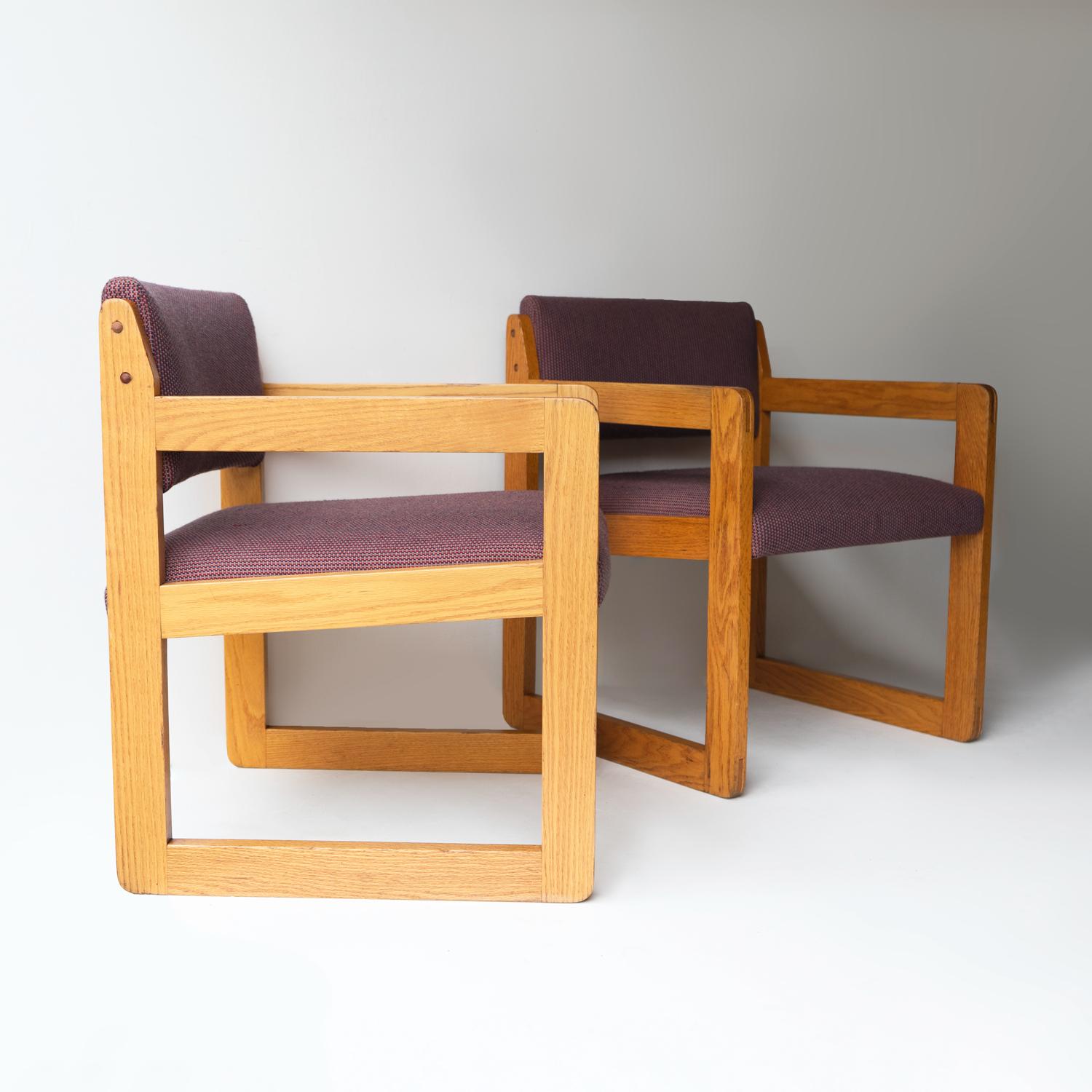 Pair of Vintage Sculptural Upholstered Oak Cube Armchairs, C. 1970’S For Sale 3