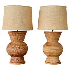 Pair of Vintage Sculptural Woven Rattan Table Lamps With Original Shades
