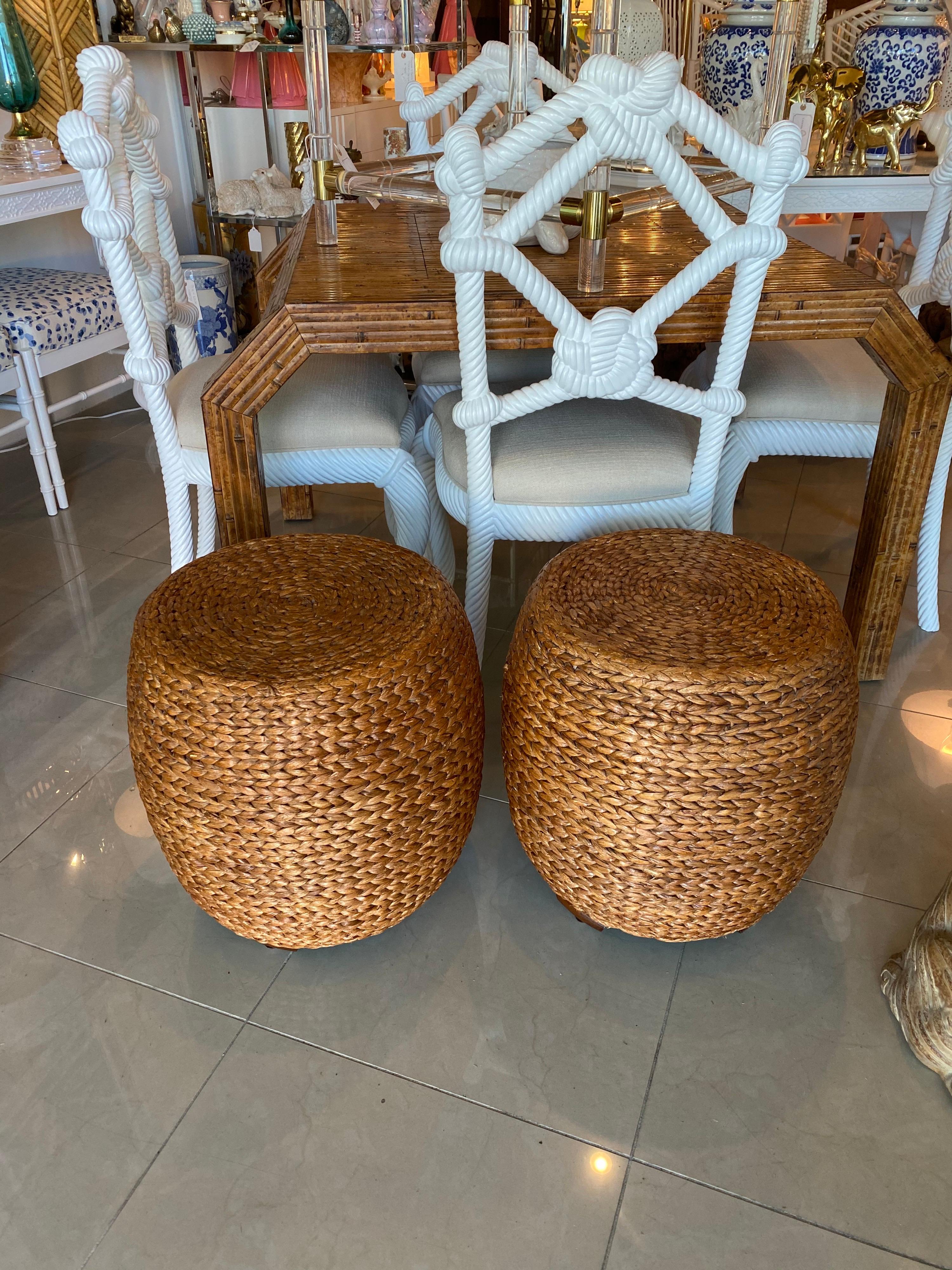 Pair of vintage Seagrass drum stools benches with wood king feet. Top is 15” D.