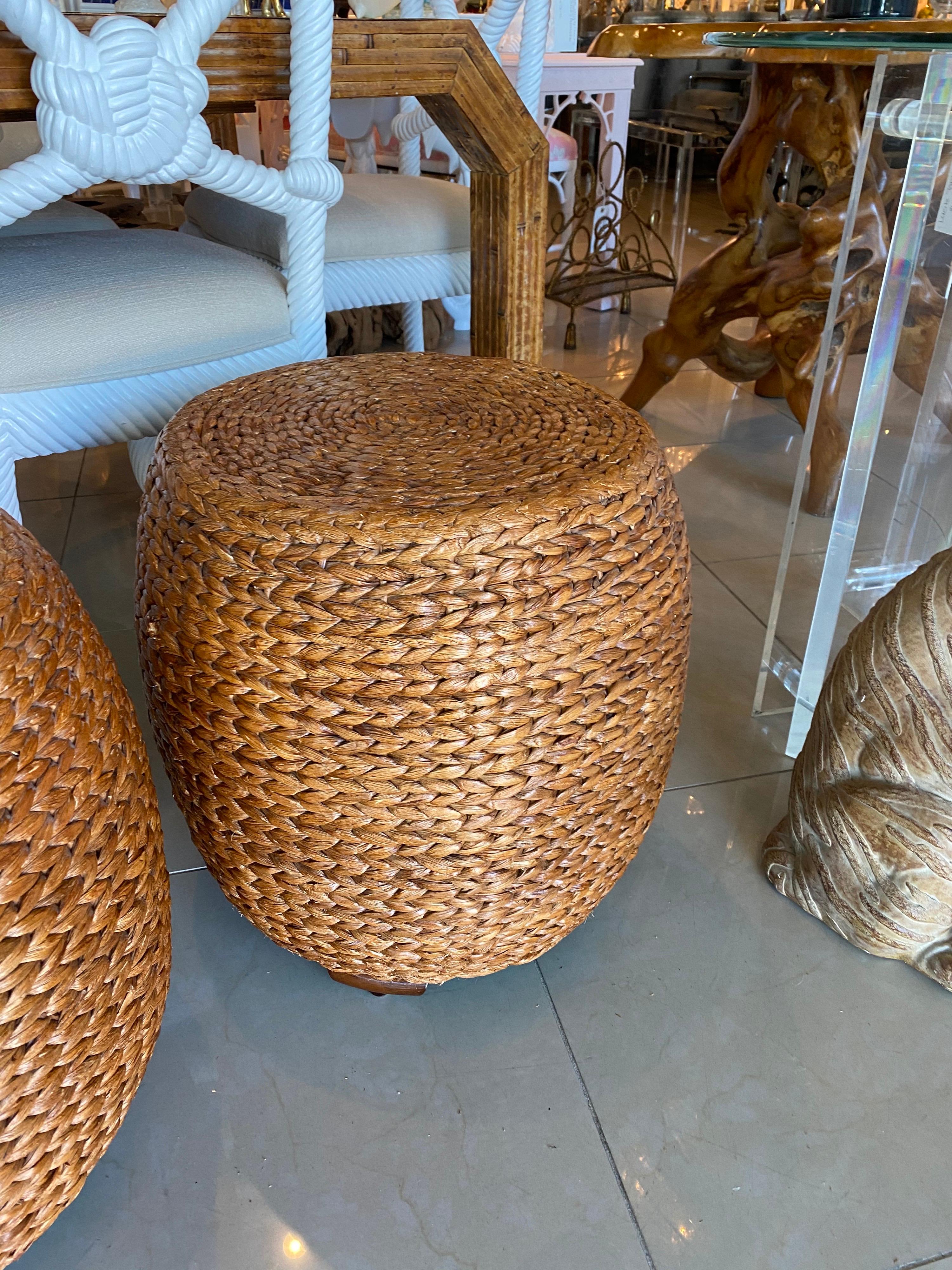 American Pair of Vintage Seagrass Drum Benches Stools Ming Feet