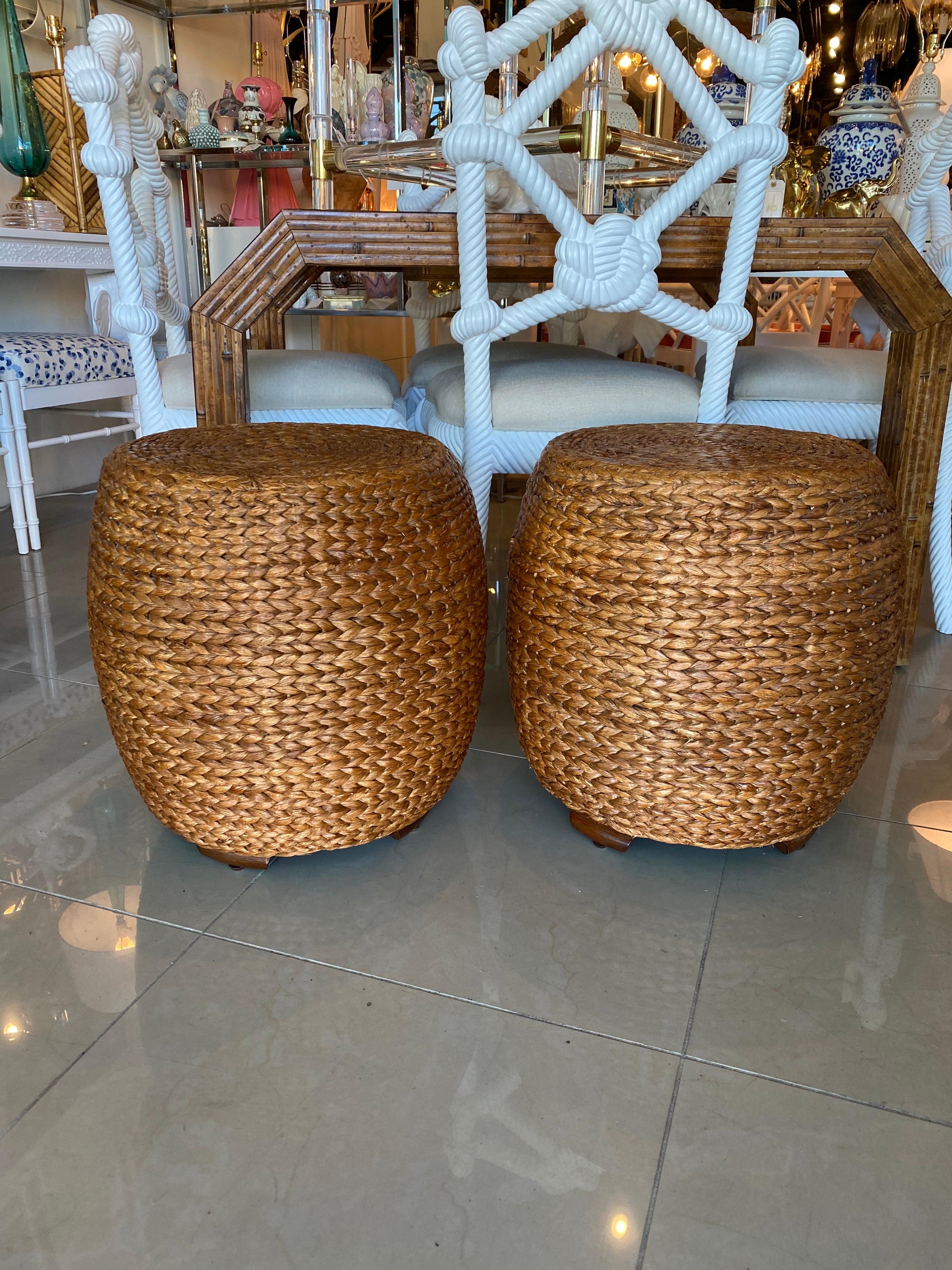 Pair of Vintage Seagrass Drum Benches Stools Ming Feet 1