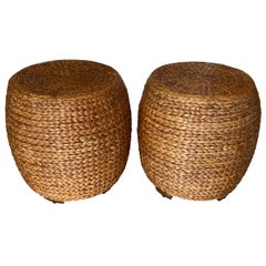 Pair of Vintage Seagrass Drum Benches Stools Ming Feet