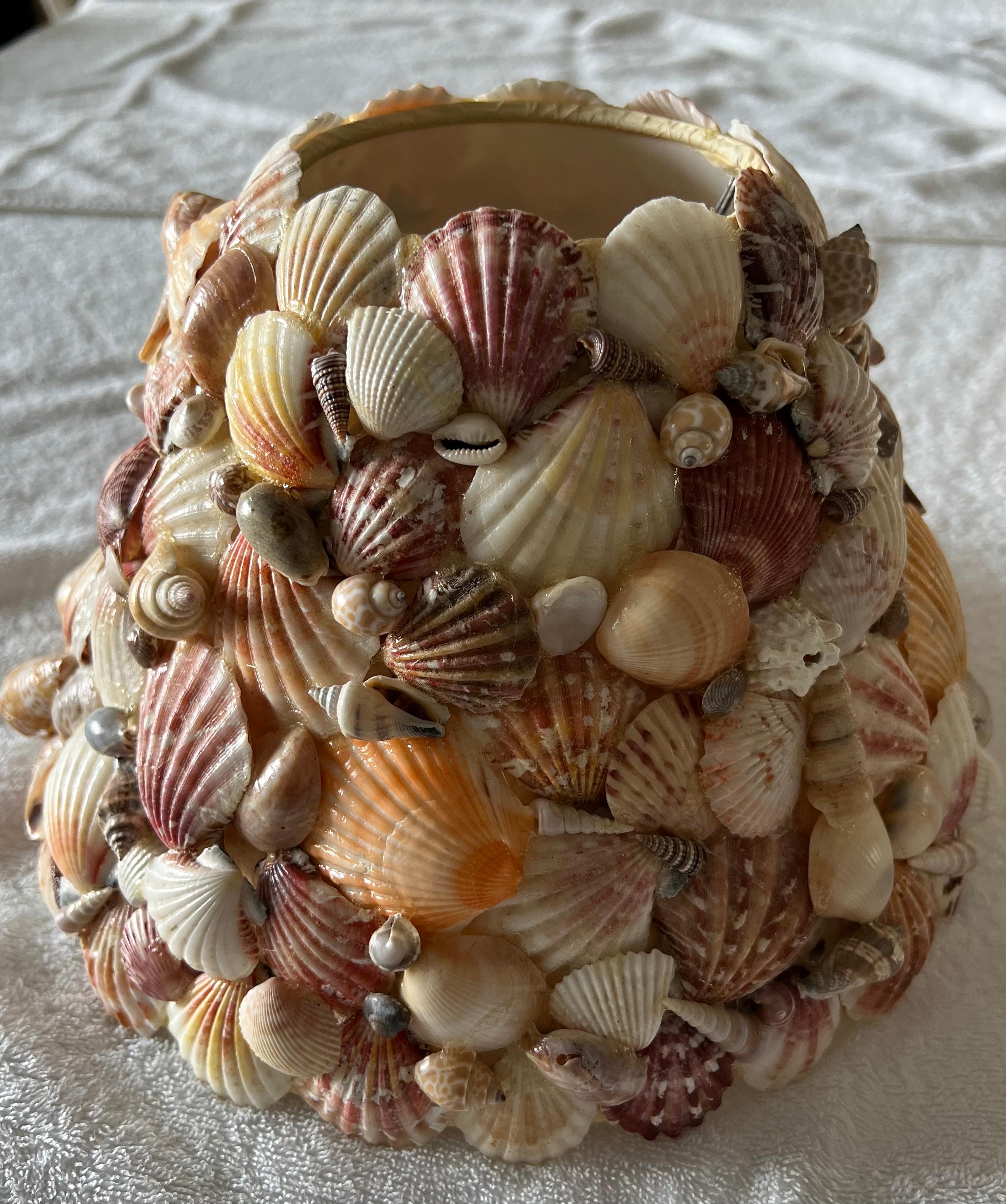 Arts and Crafts Pair of Vintage Seashell Covered Classic Cone Clip Lampshades For Sale