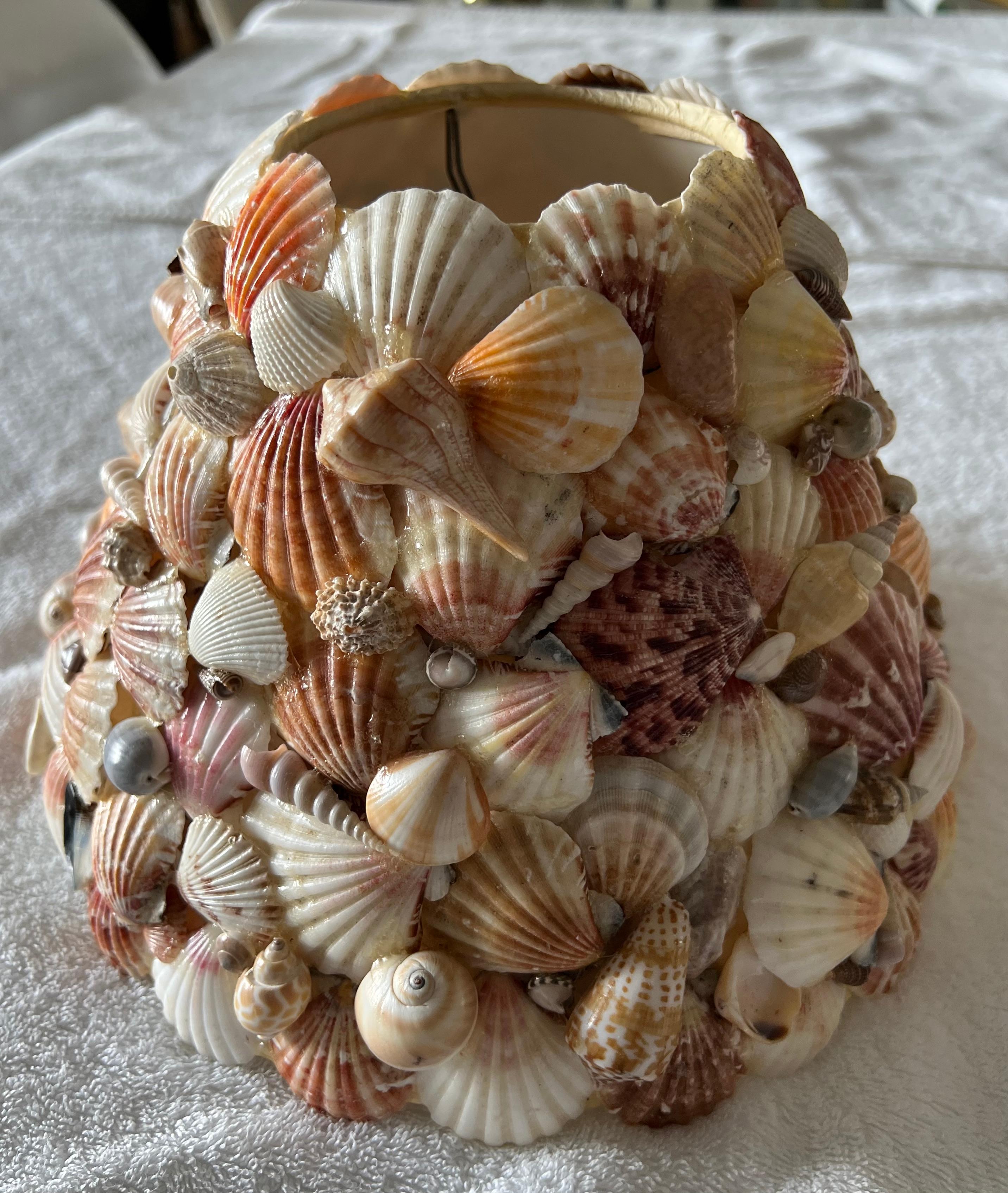 Pair of Vintage Seashell Covered Classic Cone Clip Lampshades In Good Condition For Sale In Kensington, MD