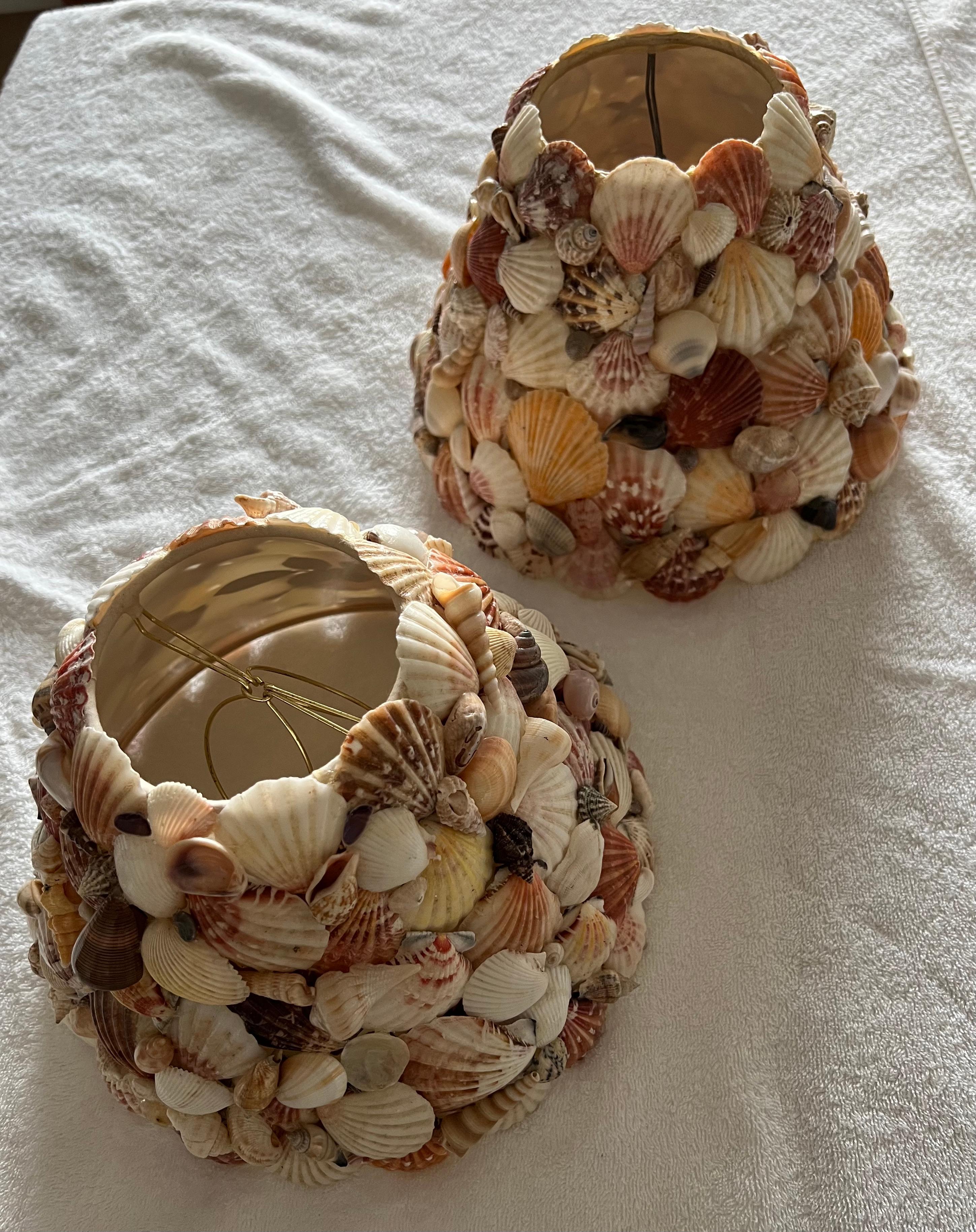 Pair of Vintage Seashell Covered Classic Cone Clip Lampshades For Sale 1