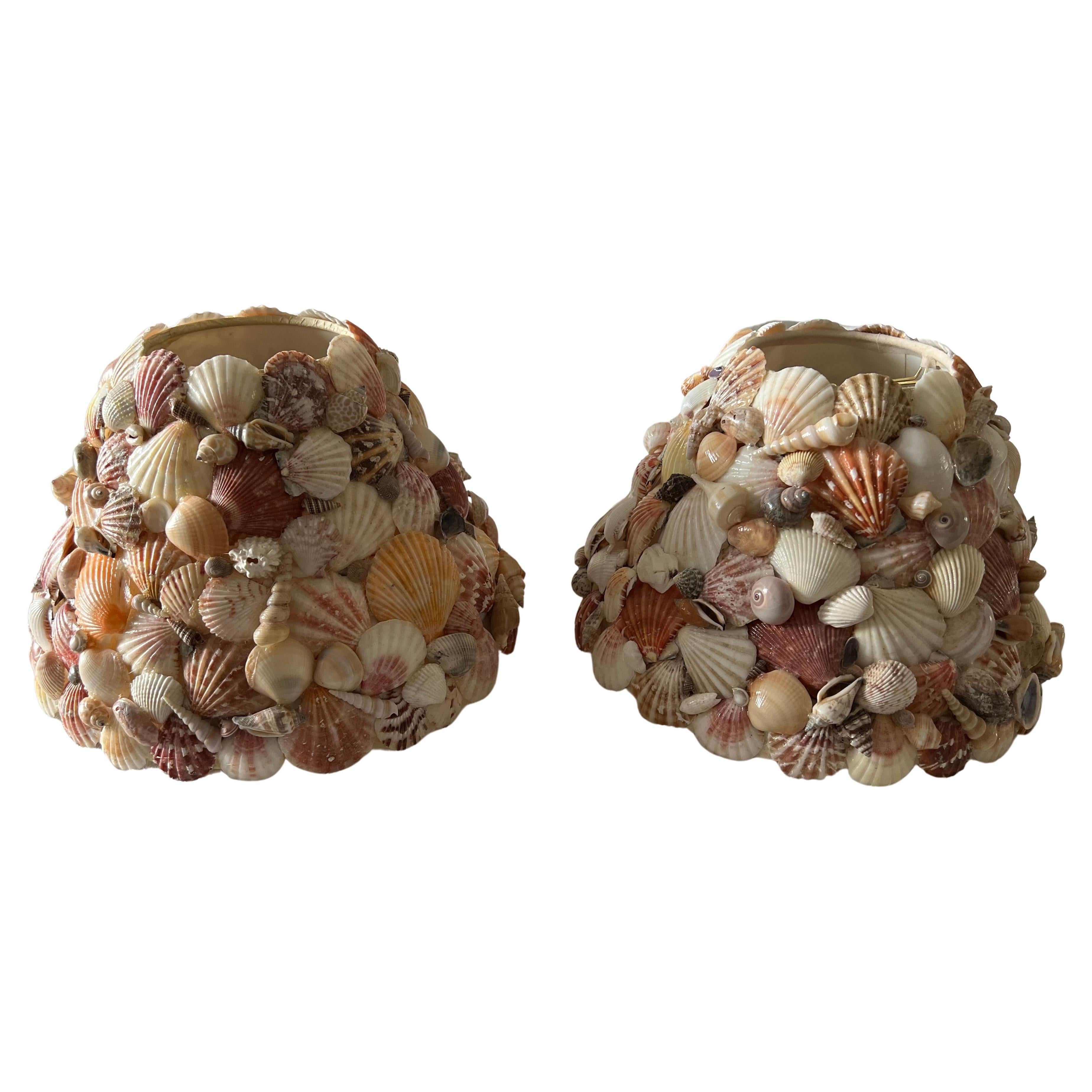 Pair of Vintage Seashell Covered Classic Cone Clip Lampshades For Sale