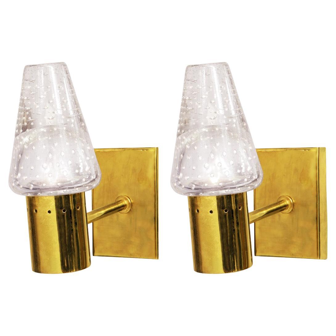 Angelo Seguso Pair of Bullicante Glass and Brass Sconces, 1970s