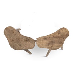 Pair of Vintage Semi-Bleached Stools Hand-Carved in Elm