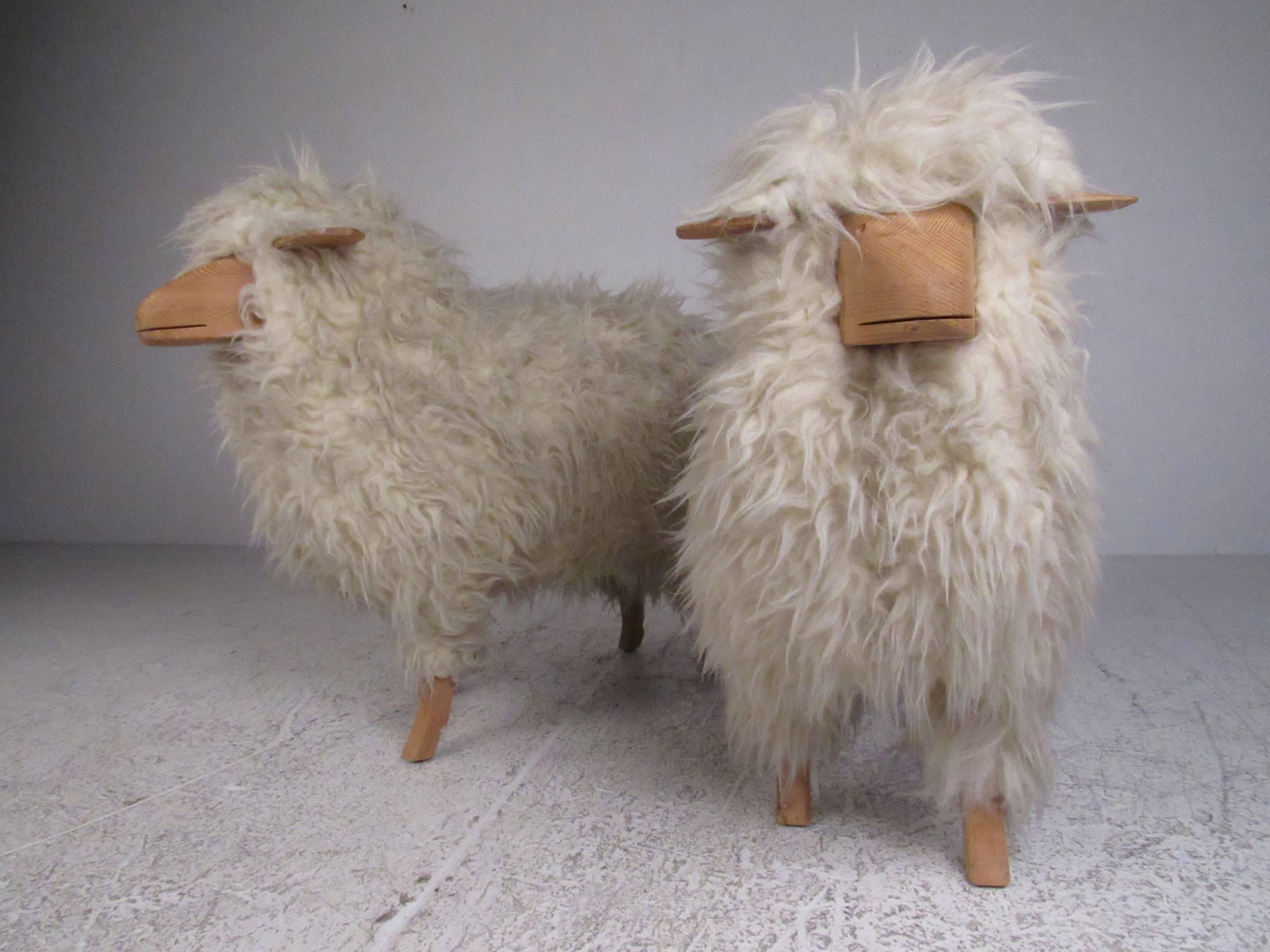 Wood Pair of Vintage Sheep Skin Lamb Sculptures