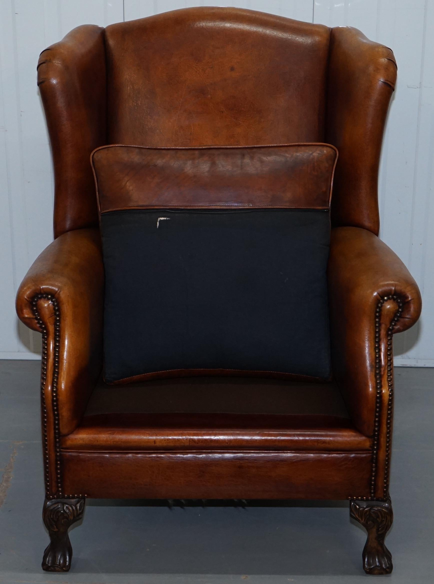 Pair of Vintage Sheepskin Leather Aged Brown Wingback Armchairs Carved Wood Legs 5