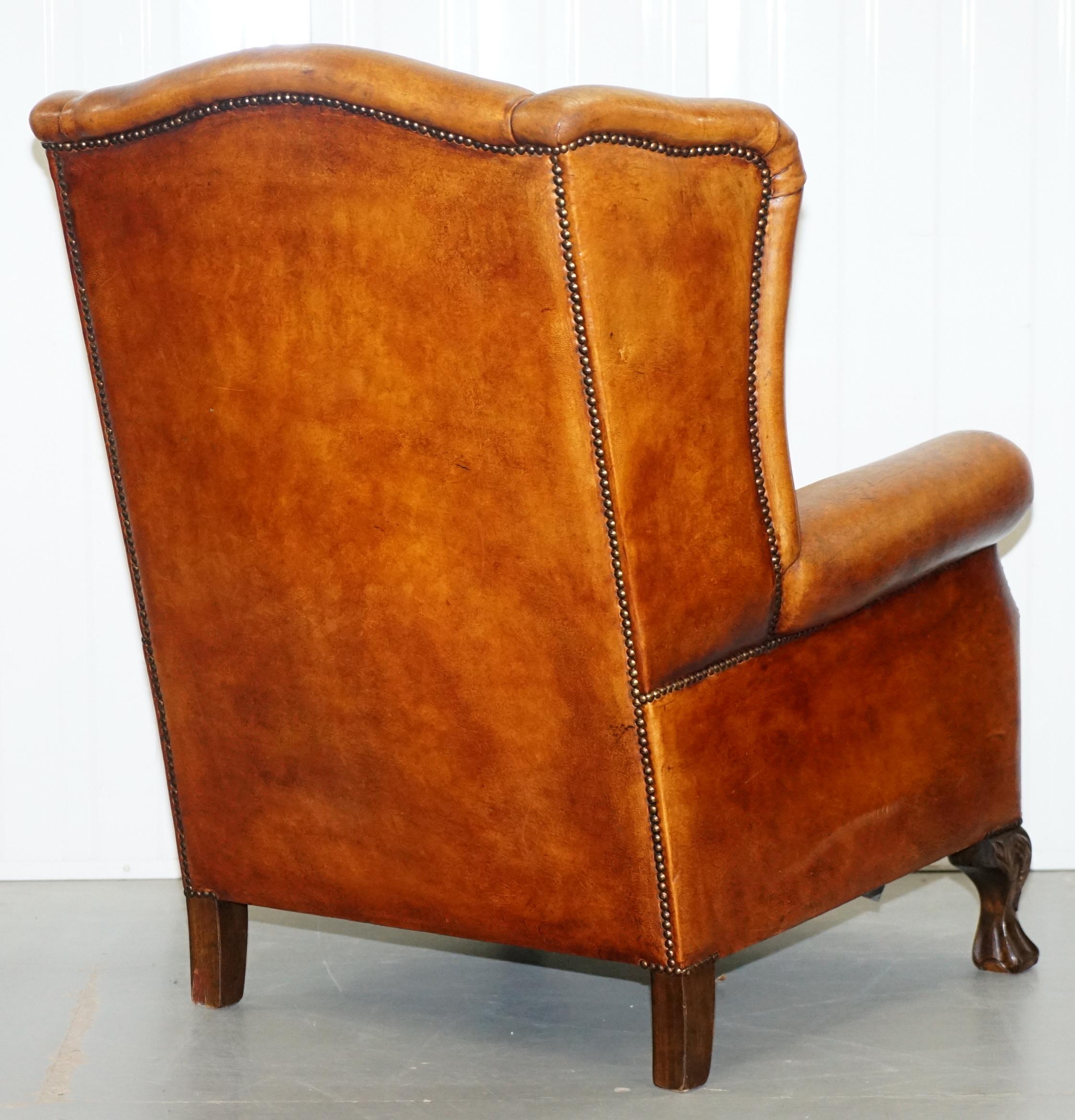 Pair of Vintage Sheepskin Leather Aged Brown Wingback Armchairs Carved Wood Legs 6