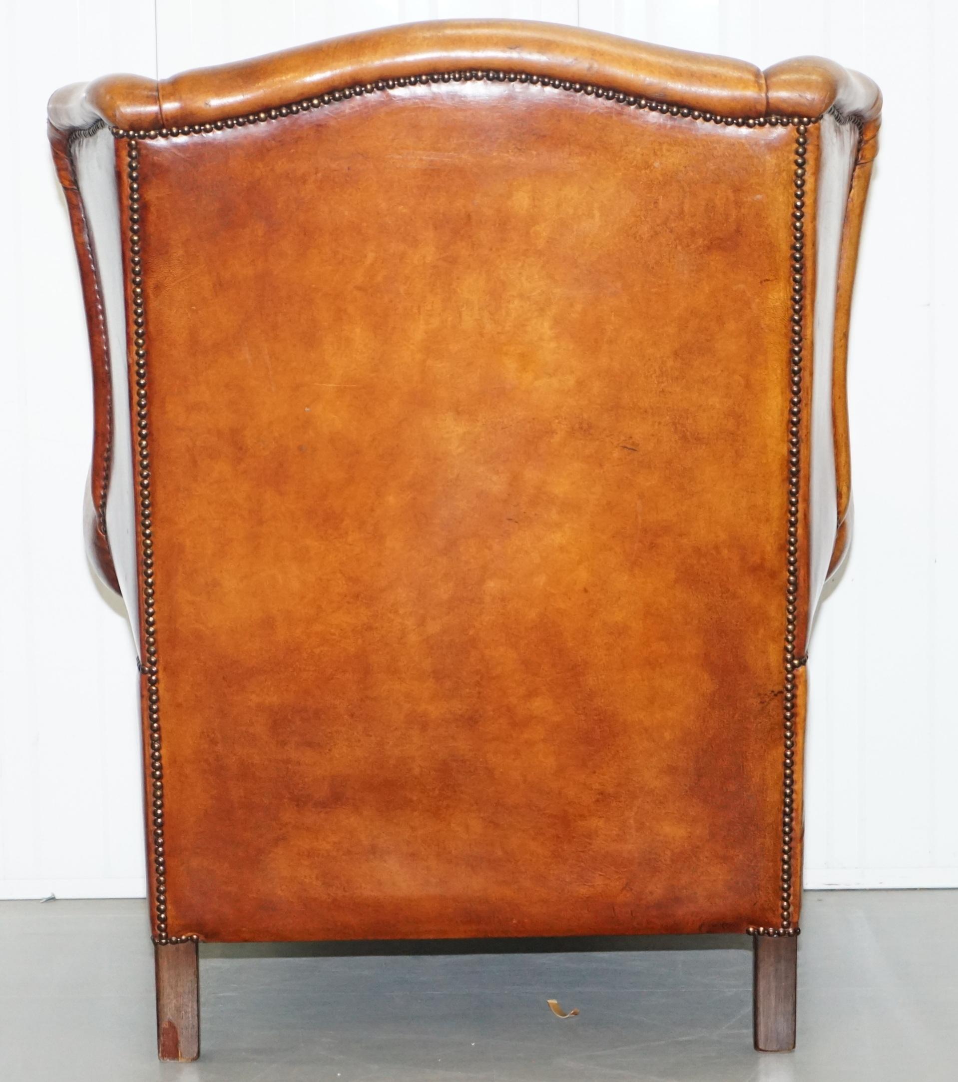 Pair of Vintage Sheepskin Leather Aged Brown Wingback Armchairs Carved Wood Legs 7