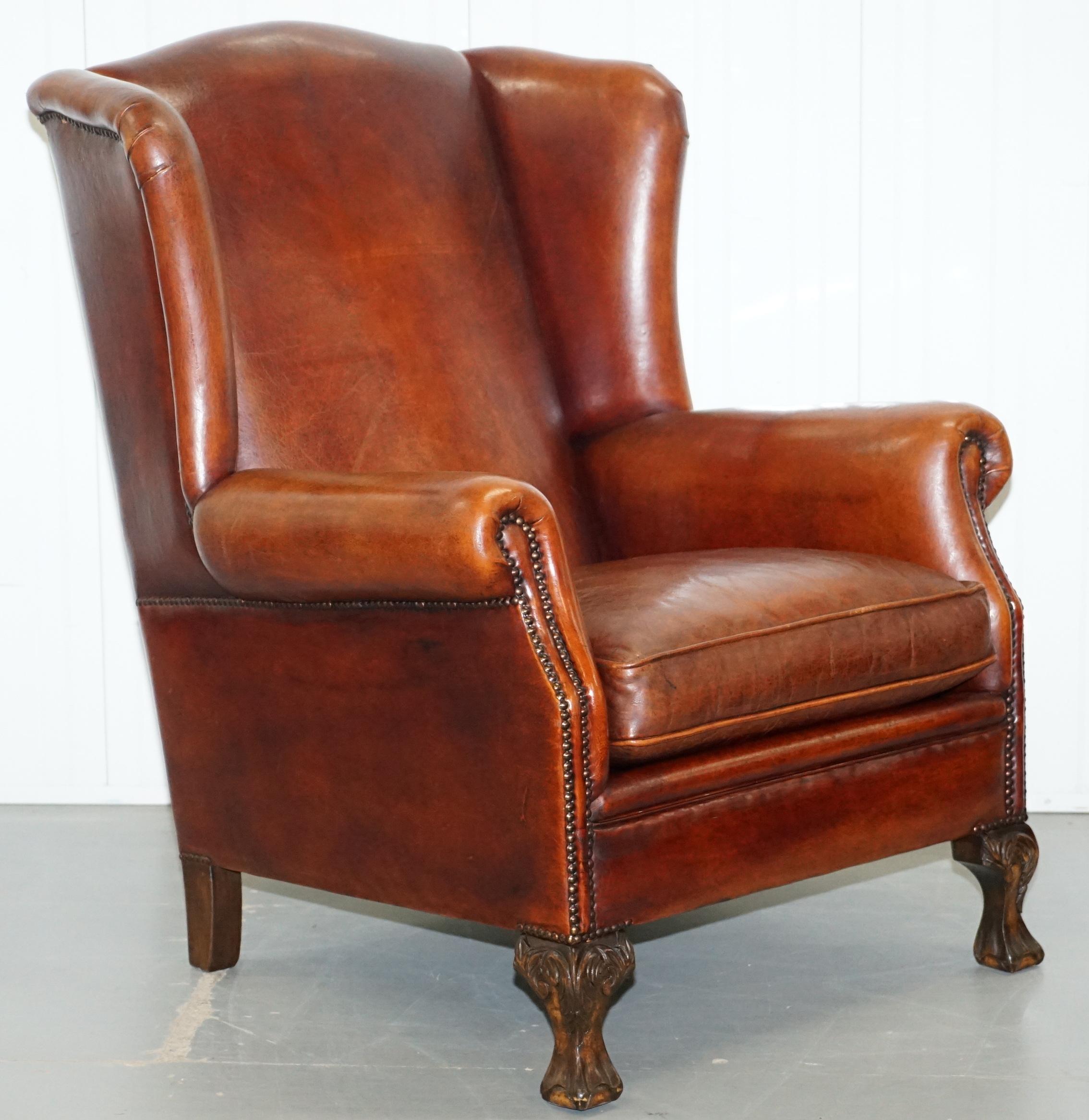Pair of Vintage Sheepskin Leather Aged Brown Wingback Armchairs Carved Wood Legs 8