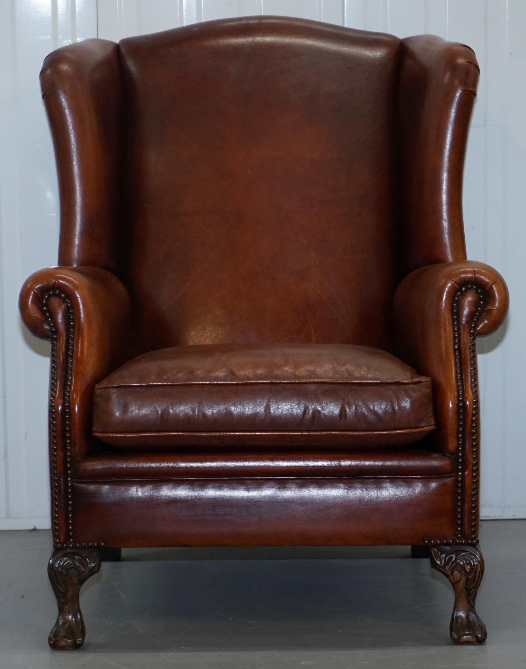 Pair of Vintage Sheepskin Leather Aged Brown Wingback Armchairs Carved Wood Legs 9