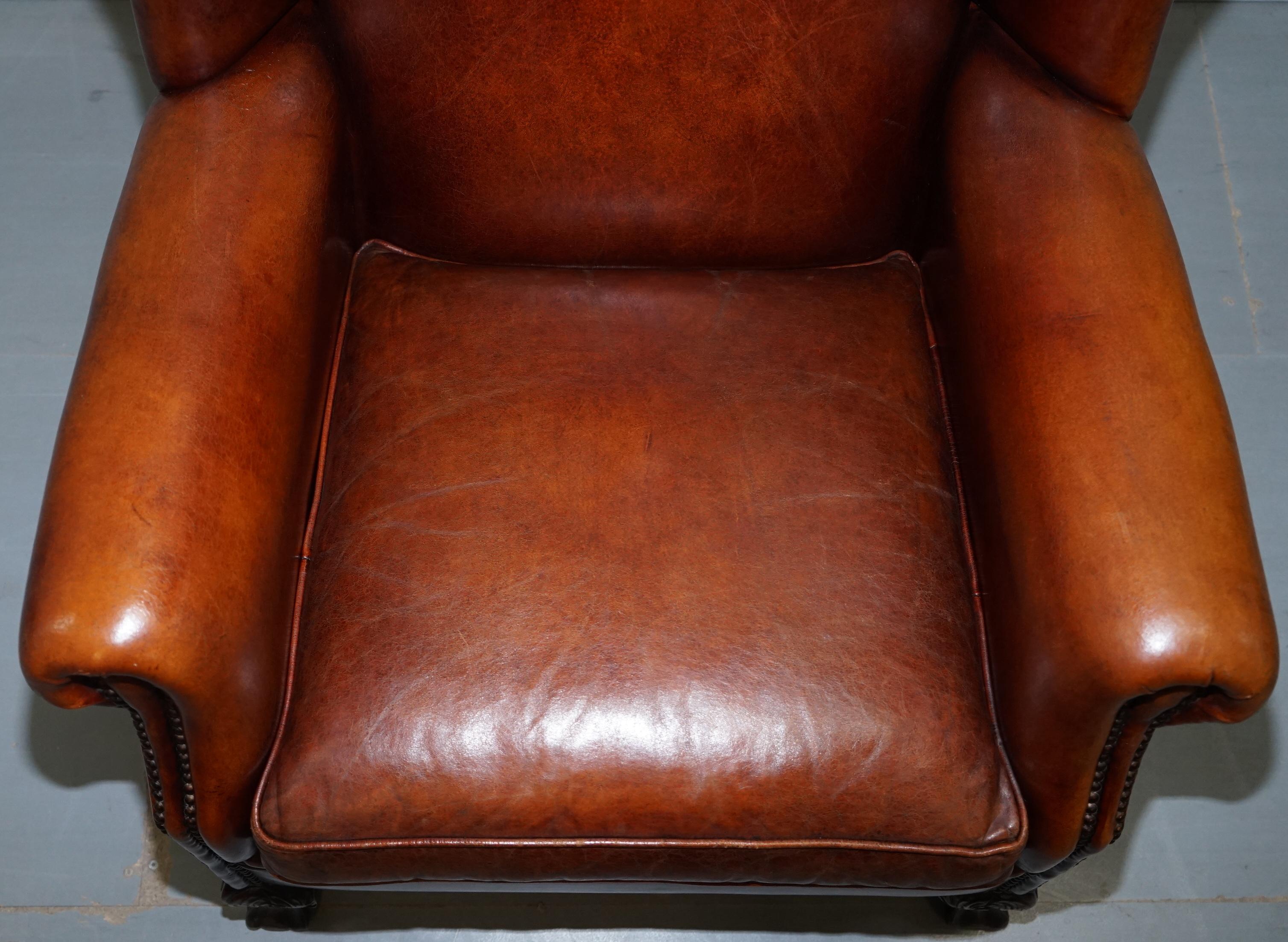 Pair of Vintage Sheepskin Leather Aged Brown Wingback Armchairs Carved Wood Legs 10
