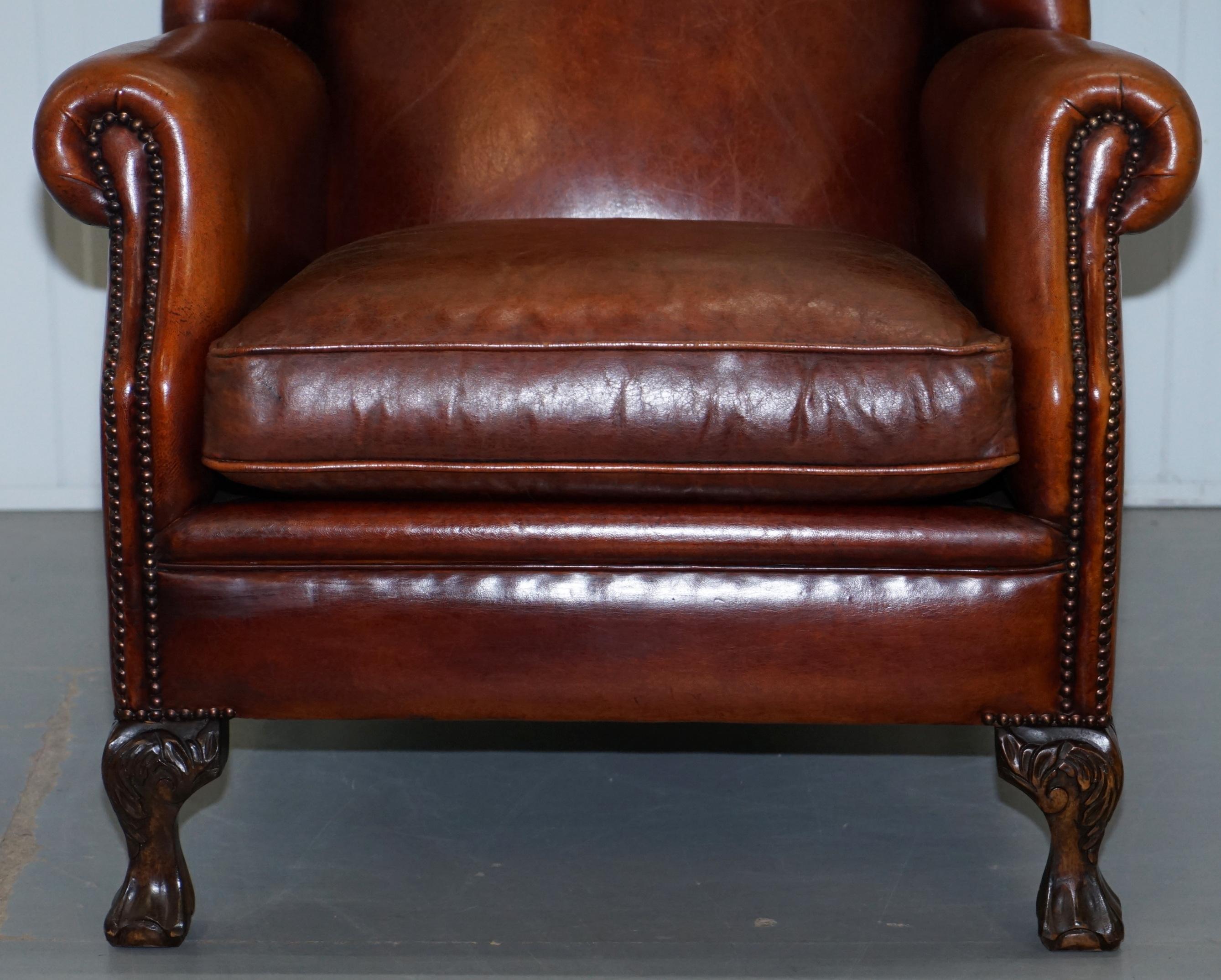 Pair of Vintage Sheepskin Leather Aged Brown Wingback Armchairs Carved Wood Legs 12