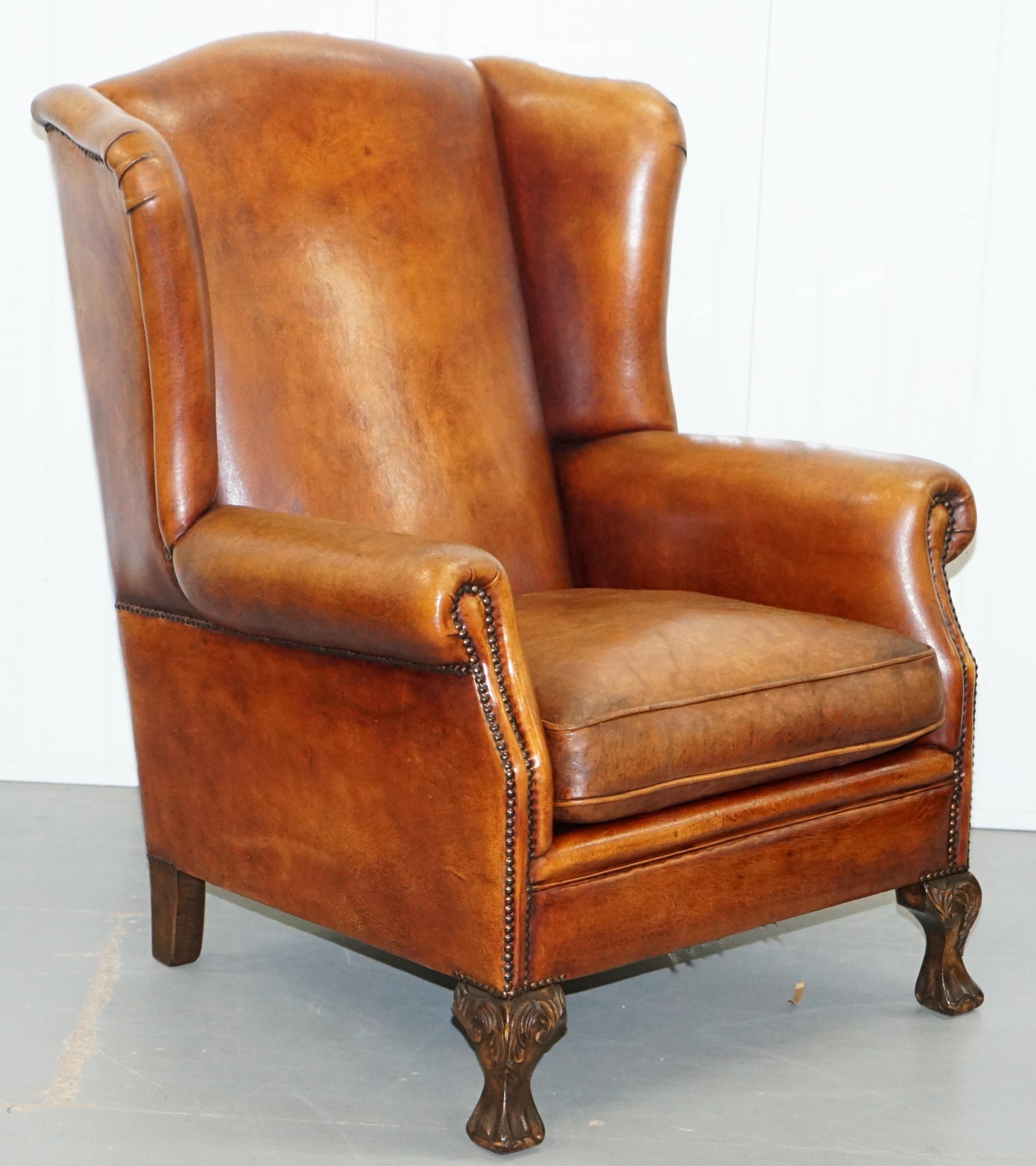 We are delighted to offer for sale this stunning pair of vintage Sheepskin whiskey brown leather wingback armchairs

Please note the delivery fee listed is just a guide, it covers within the M25 only, for an accurate quote please send me your