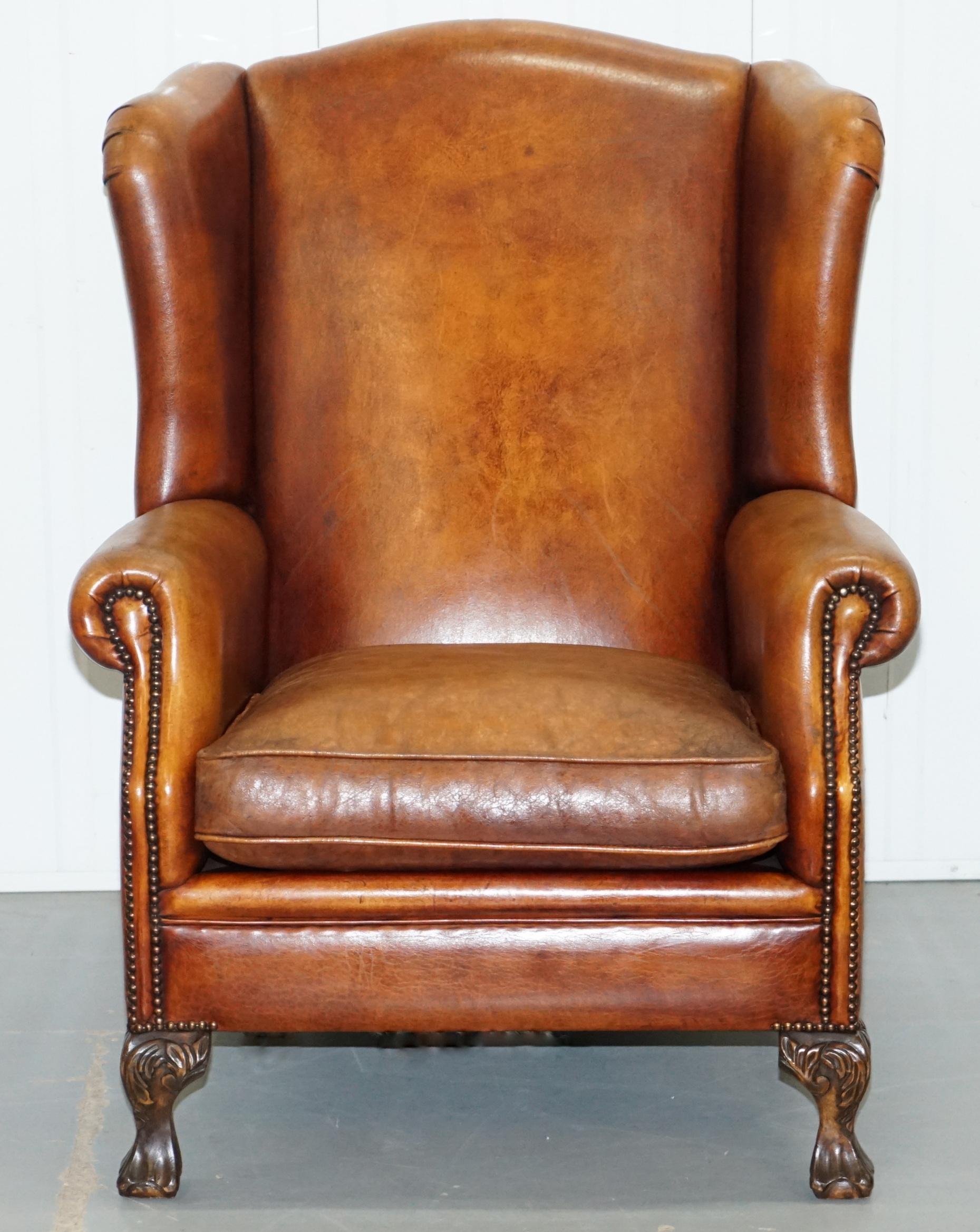 Victorian Pair of Vintage Sheepskin Leather Aged Brown Wingback Armchairs Carved Wood Legs