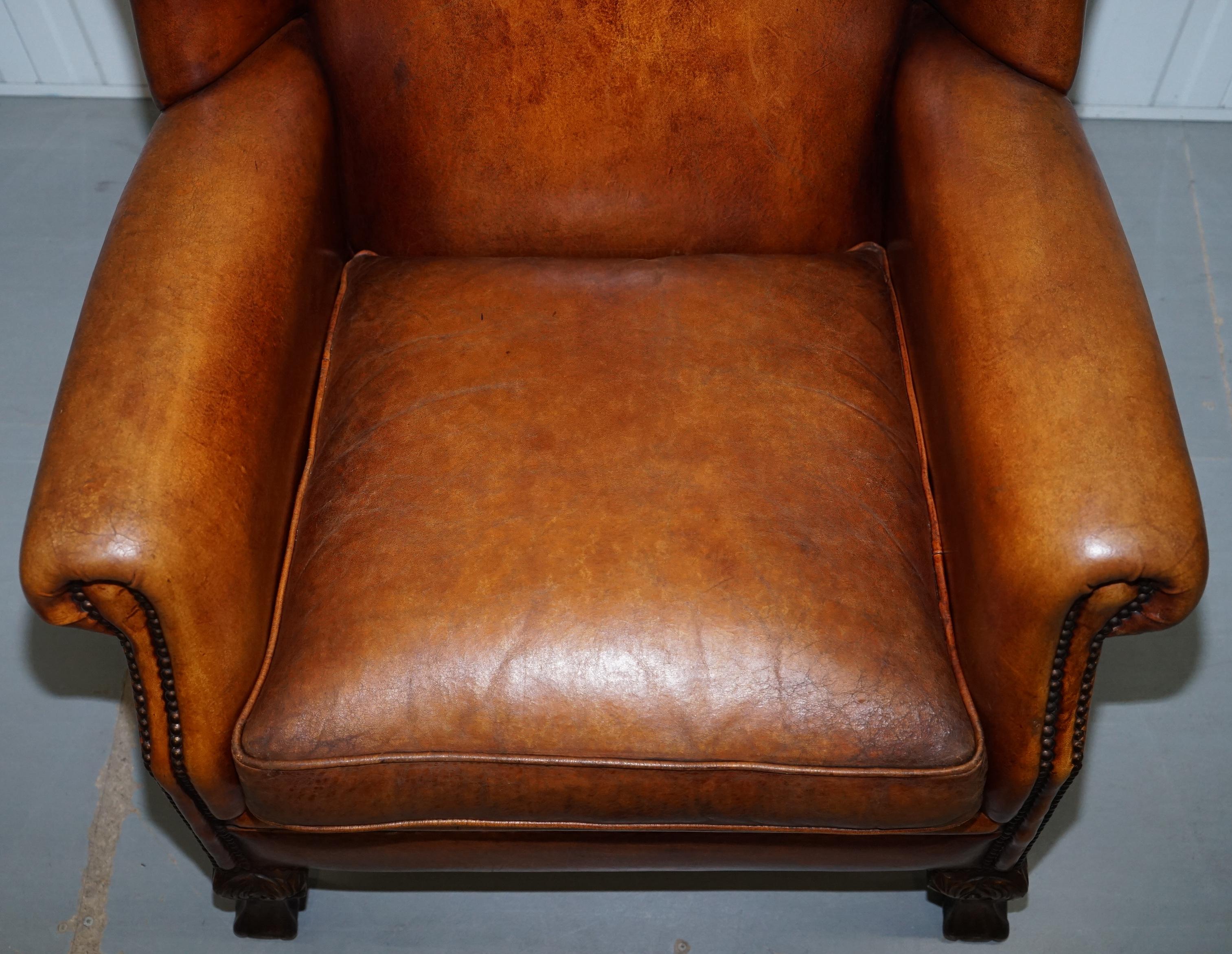 Pair of Vintage Sheepskin Leather Aged Brown Wingback Armchairs Carved Wood Legs 2