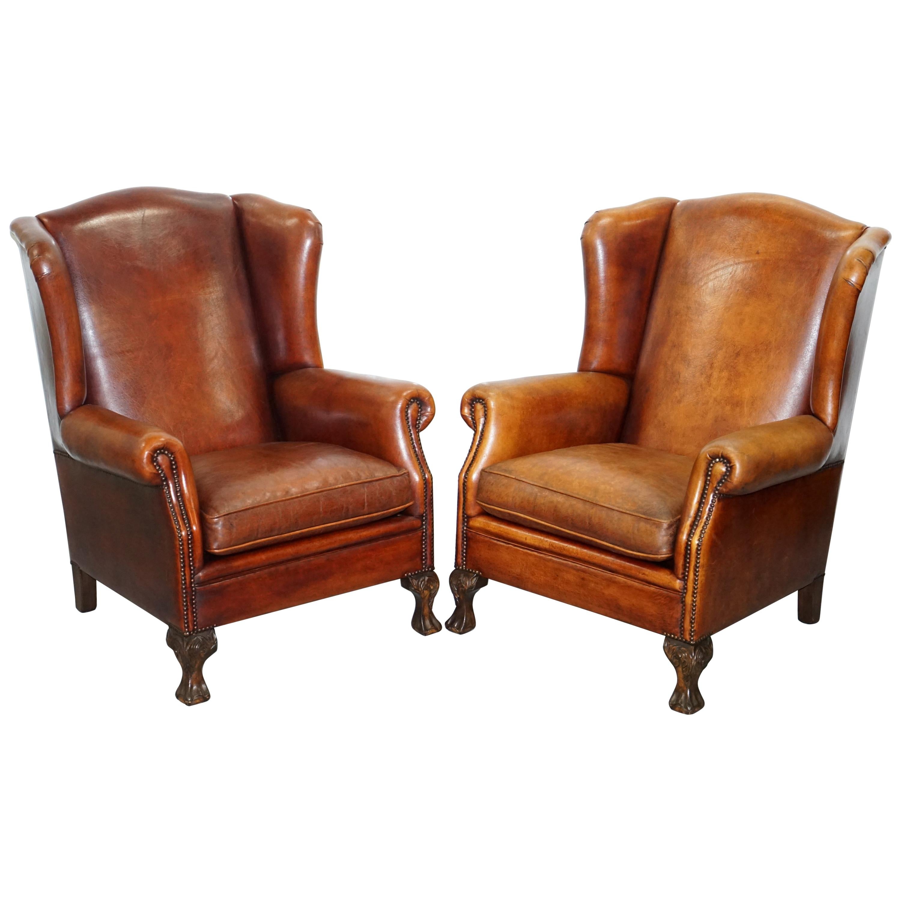 Pair of Vintage Sheepskin Leather Aged Brown Wingback Armchairs Carved Wood Legs