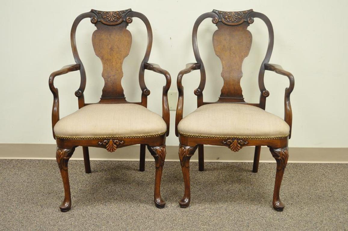 Pair of Vintage Shell Carved Burl Wood Walnut George II Style Dining Armchairs 6