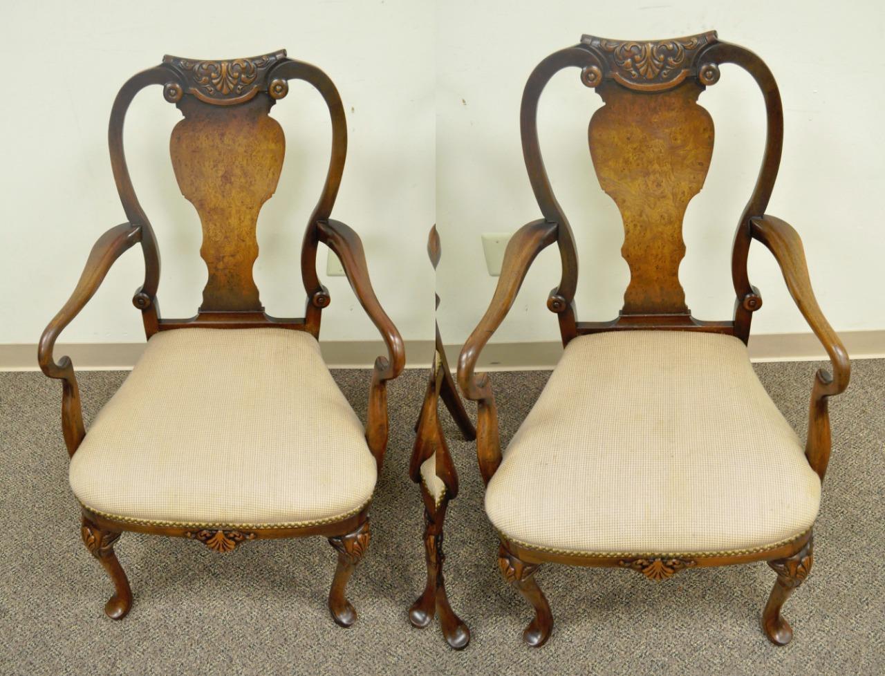 20th Century Pair of Vintage Shell Carved Burl Wood Walnut George II Style Dining Armchairs