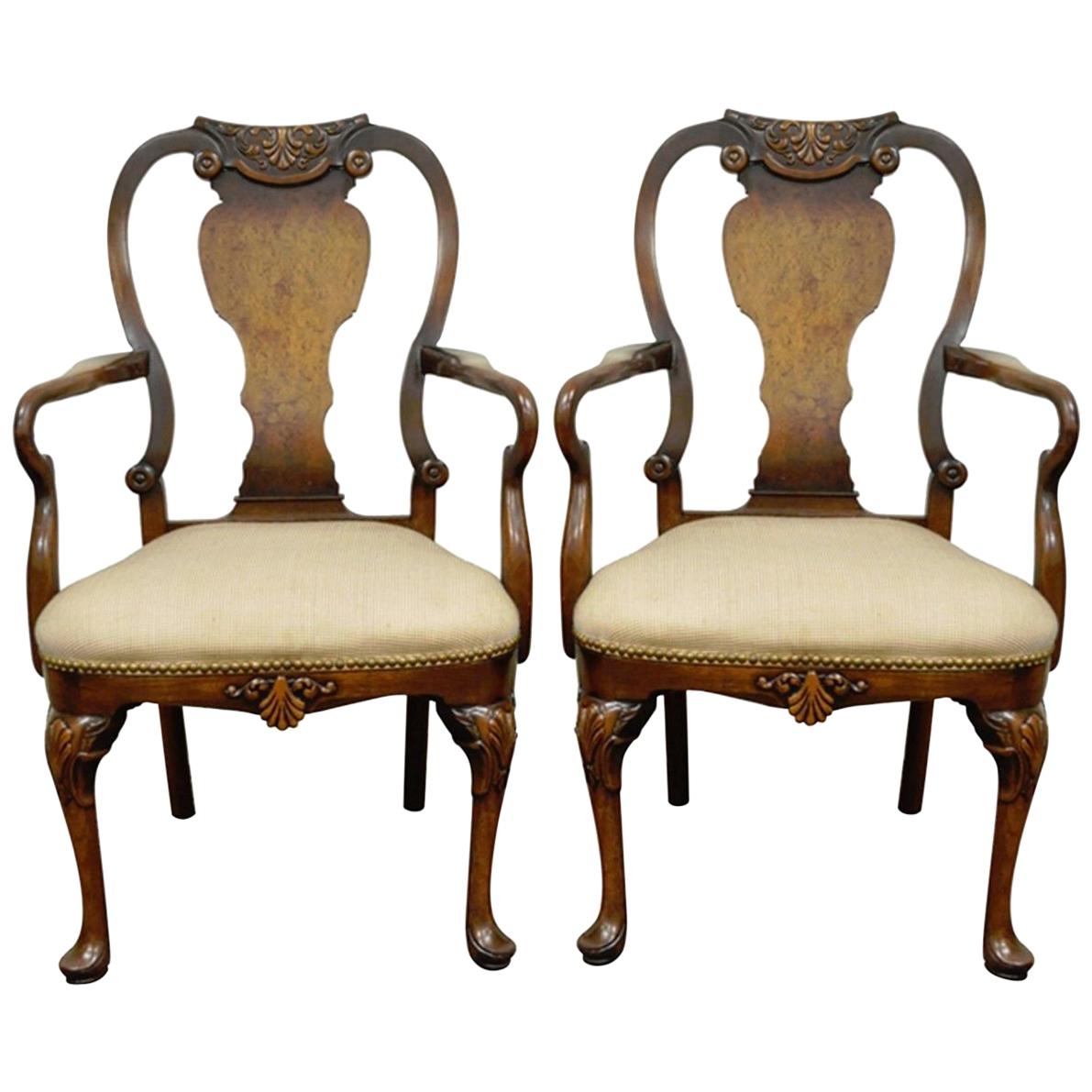 Pair of Vintage Shell Carved Burl Wood Walnut George II Style Dining Armchairs
