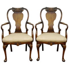 Pair of Vintage Shell Carved Burl Wood Walnut George II Style Dining Armchairs