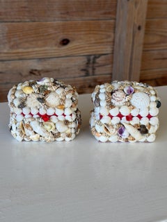Pair of Vintage Shell Encrusted Velvet Lined Trinket or Ring Boxes