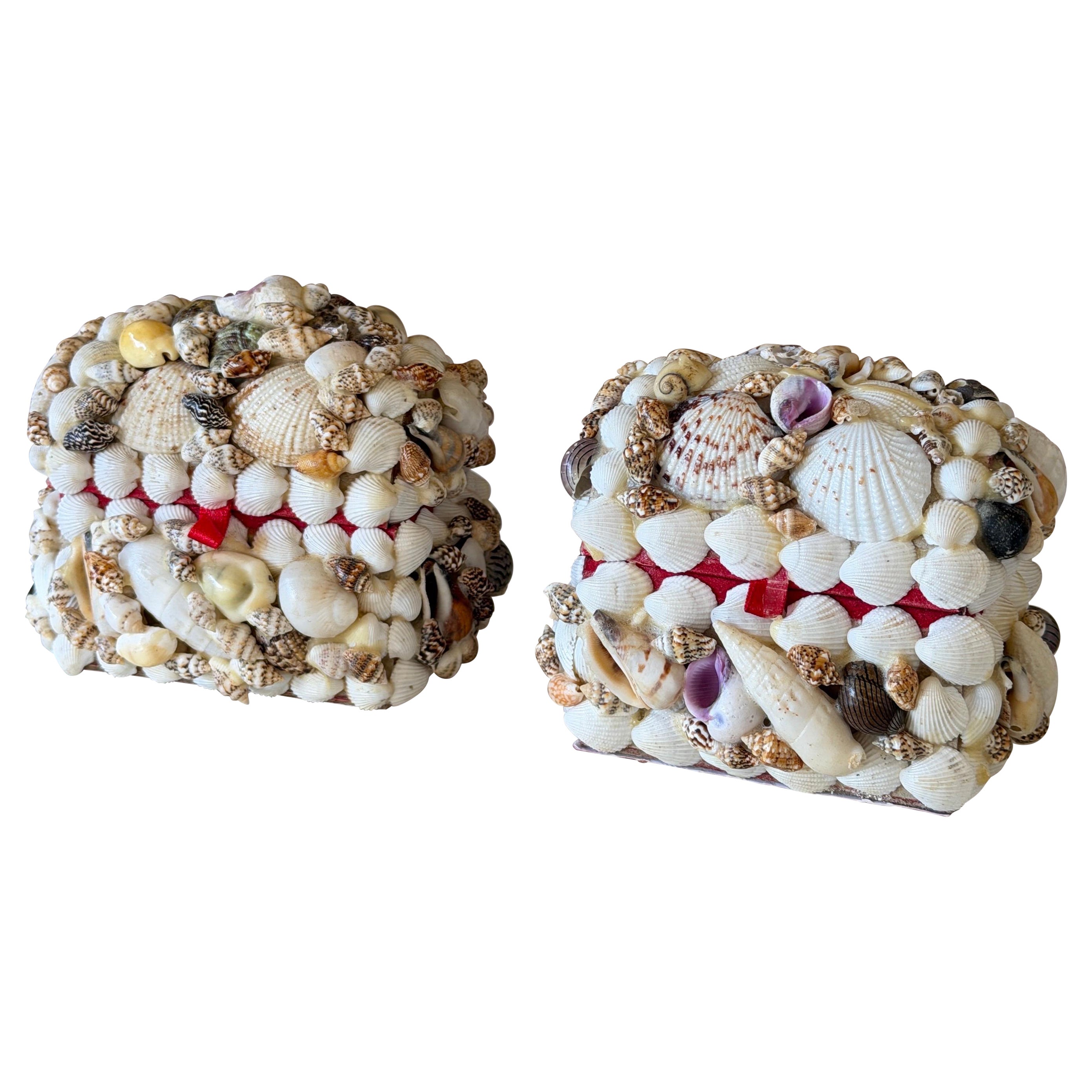 Pair of Vintage Shell Encrusted Velvet Lined Trinket or Ring Boxes