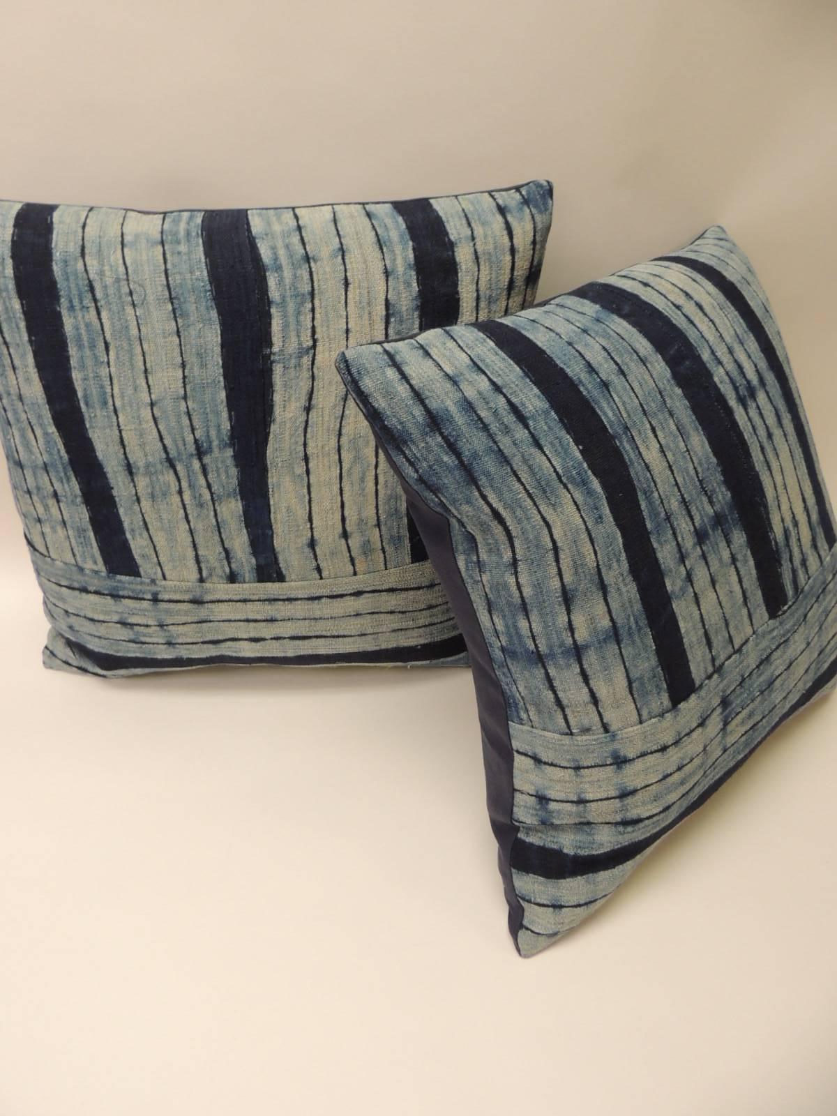 Tribal Pair of Vintage Shibori Stripes Blue Asian Decorative Pillows
